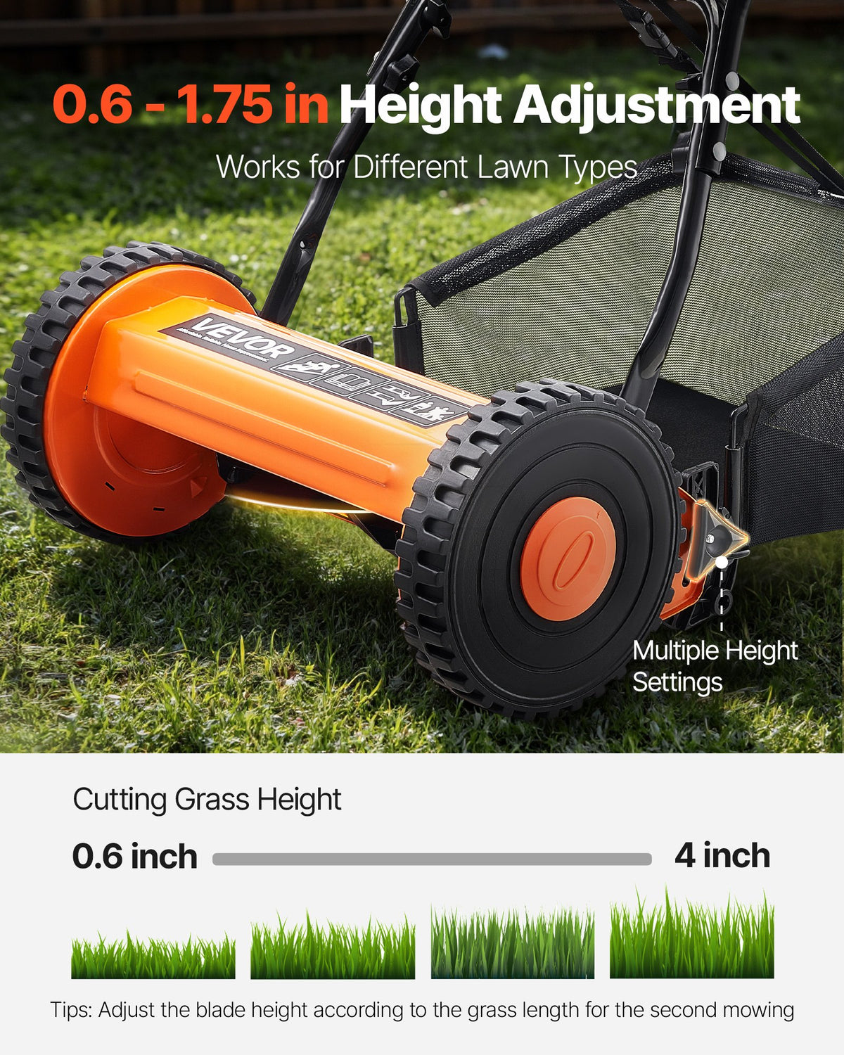 Push Reel Lawn Mower 35cm 5 Blades Manual 15-45mm Adjustable Grass Catcher