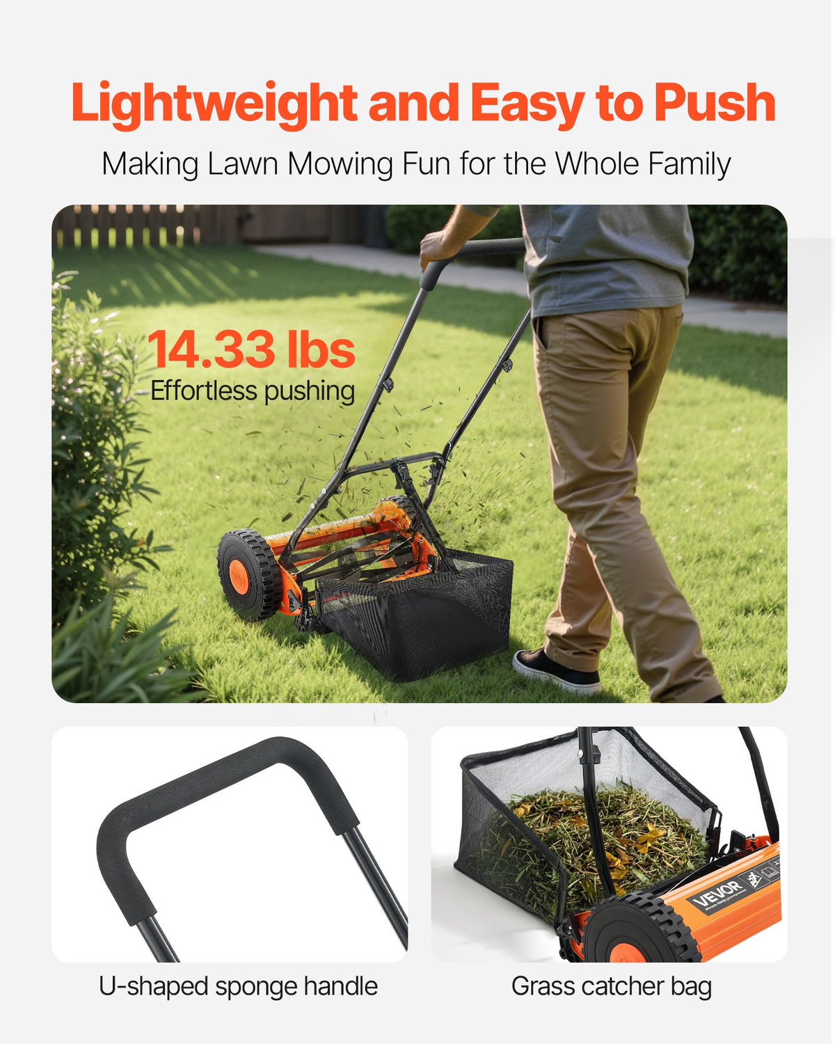 Push Reel Lawn Mower 35cm 5 Blades Manual 15-45mm Adjustable Grass Catcher