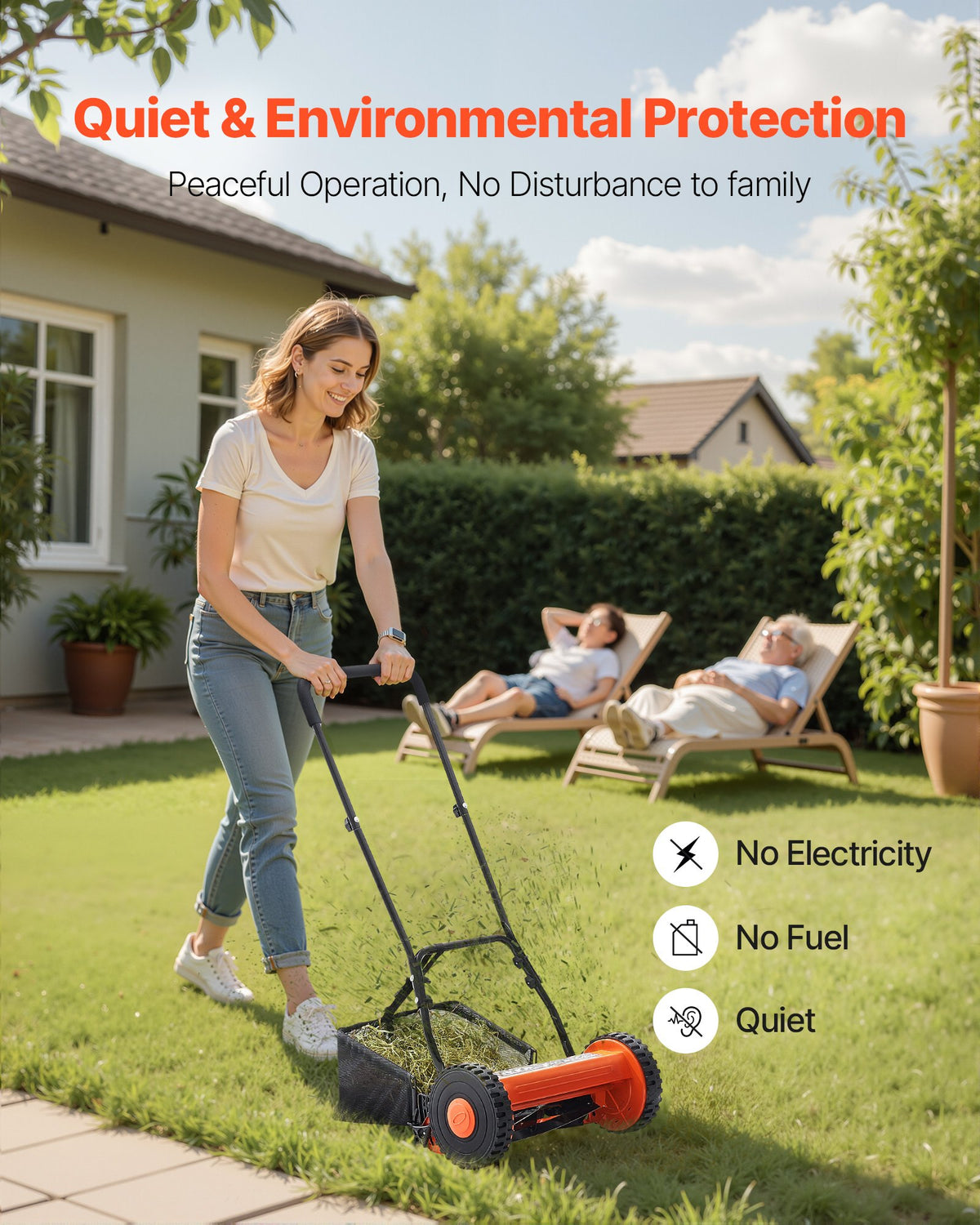 Push Reel Lawn Mower 35cm 5 Blades Manual 15-45mm Adjustable Grass Catcher