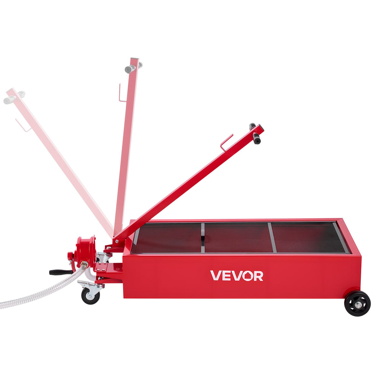 Low Profile Oil Drain Pan 75.7L Rolling with Pump, 2.2m Hose & T-Fold H&le, Red