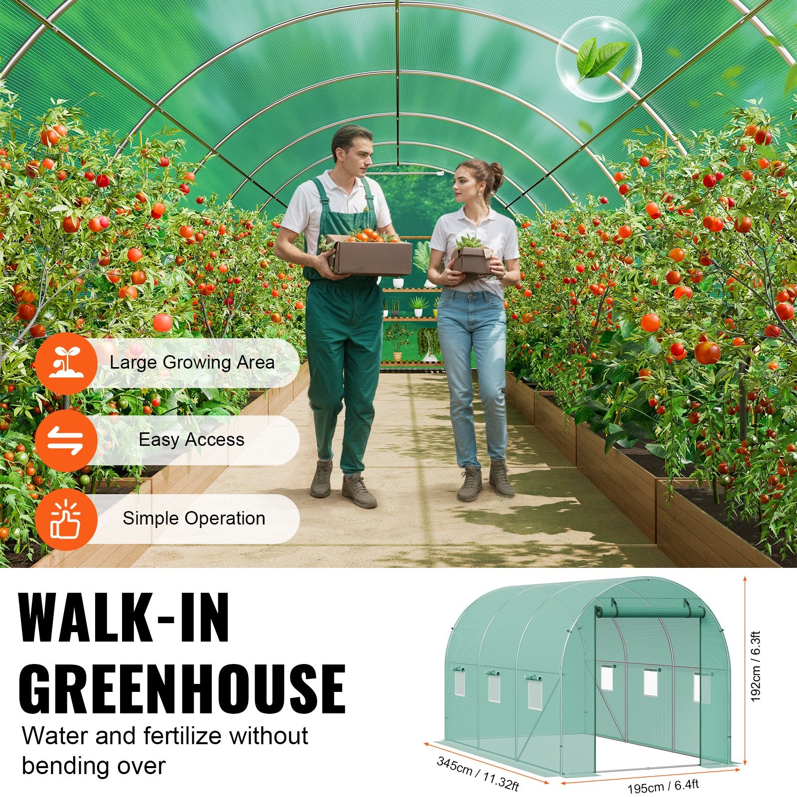 Walk-in Tunnel Greenhouse 11.3x6.4x6.3 ft, Roll-up Door, 6 Windows
