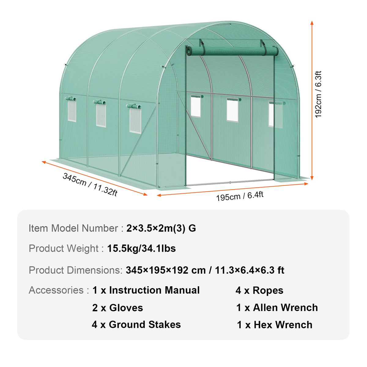Walk-in Tunnel Greenhouse 11.3x6.4x6.3 ft, Roll-up Door, 6 Windows