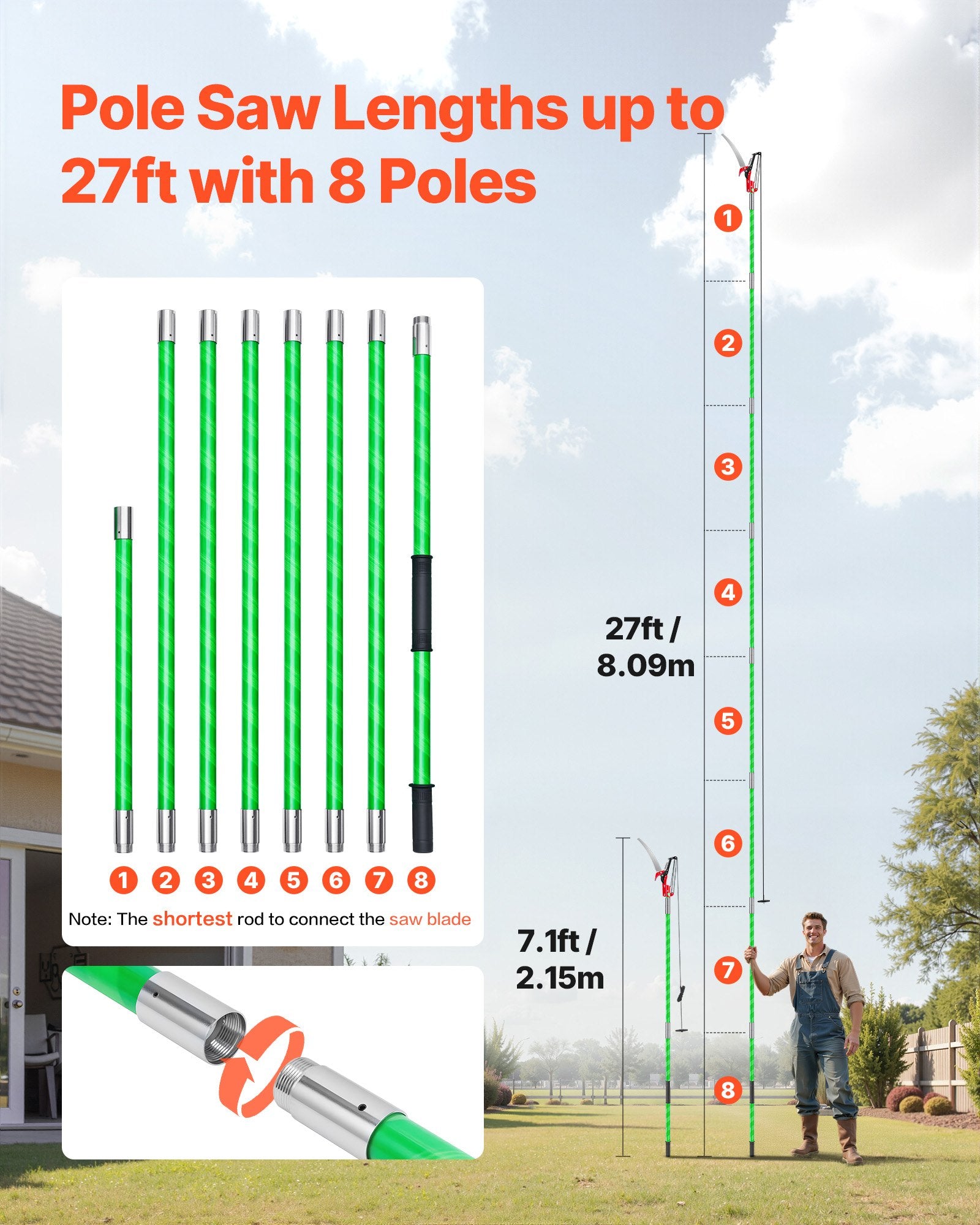 Manual Pole Saw 118-809.3cm Extendable Tree Pruner Scissors 65Mn Steel Blade