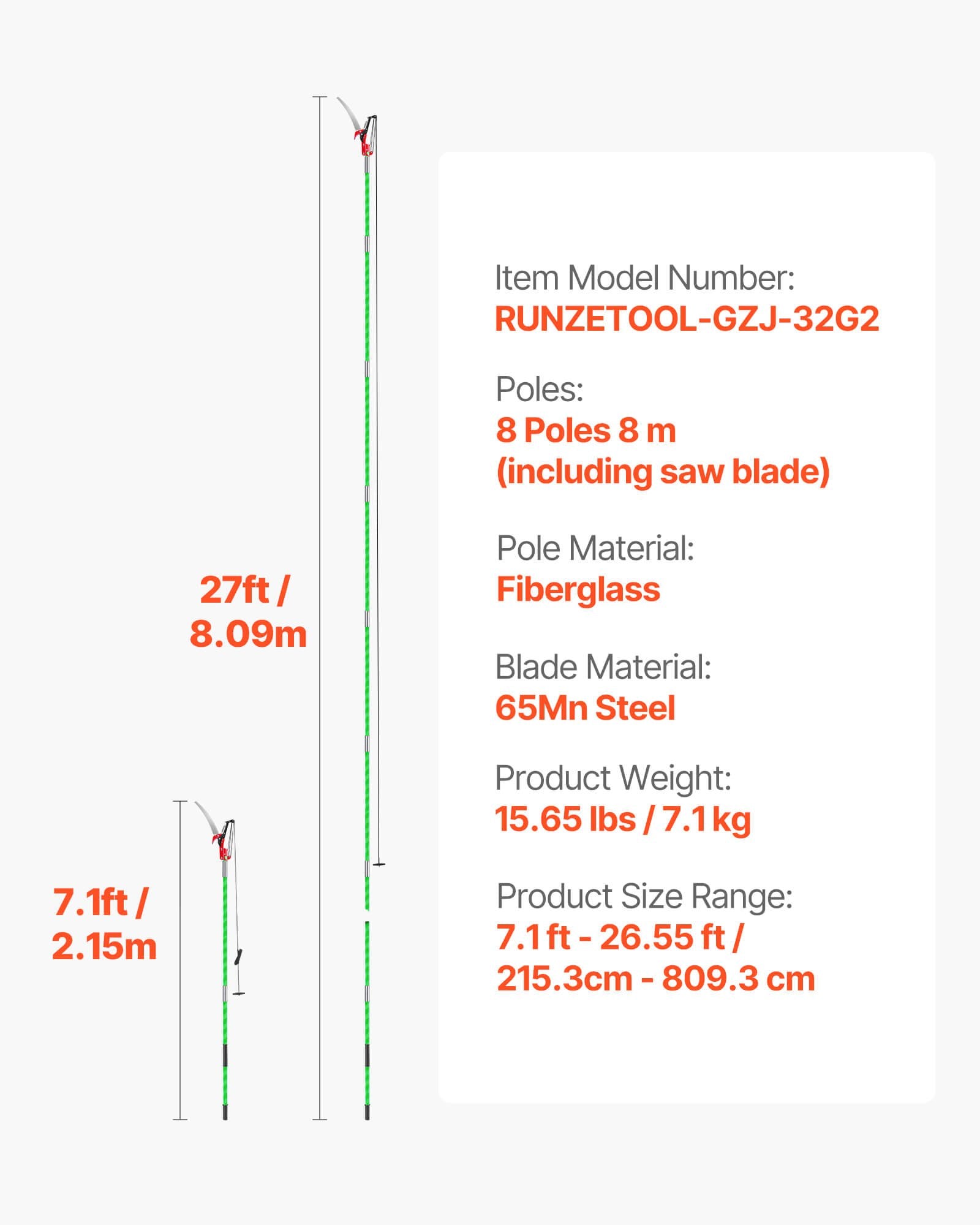 Manual Pole Saw 118-809.3cm Extendable Tree Pruner Scissors 65Mn Steel Blade