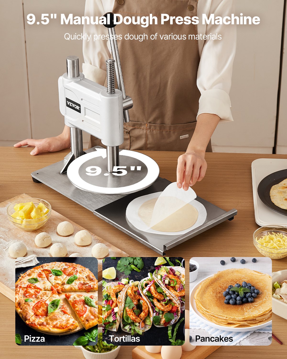 Manual Pizza Dough Press Machine 9.5 Inch Stainless Steel Pastry and Bread Maker