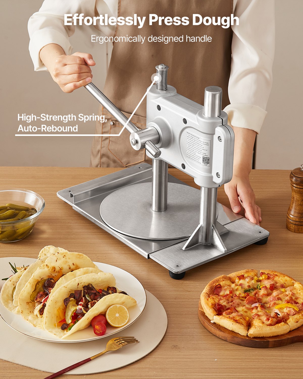 Manual Pizza Dough Press Machine 9.5 Inch Stainless Steel Pastry and Bread Maker