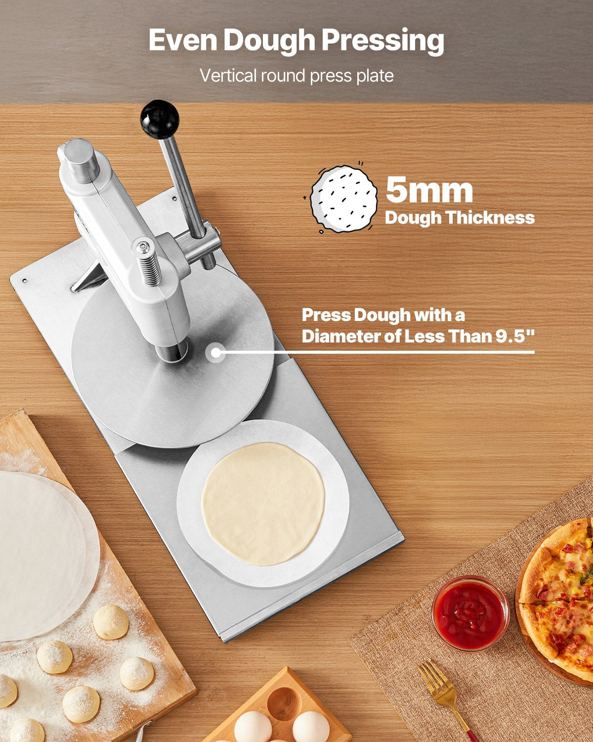 Manual Pizza Dough Press Machine 9.5 Inch Stainless Steel Pastry and Bread Maker