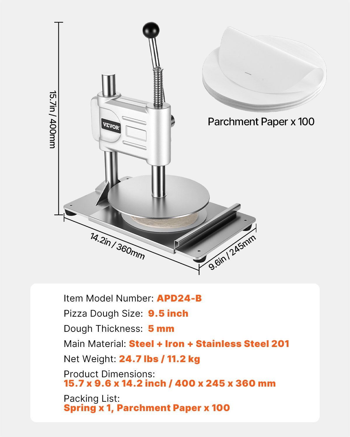 Manual Pizza Dough Press Machine 9.5 Inch Stainless Steel Pastry and Bread Maker
