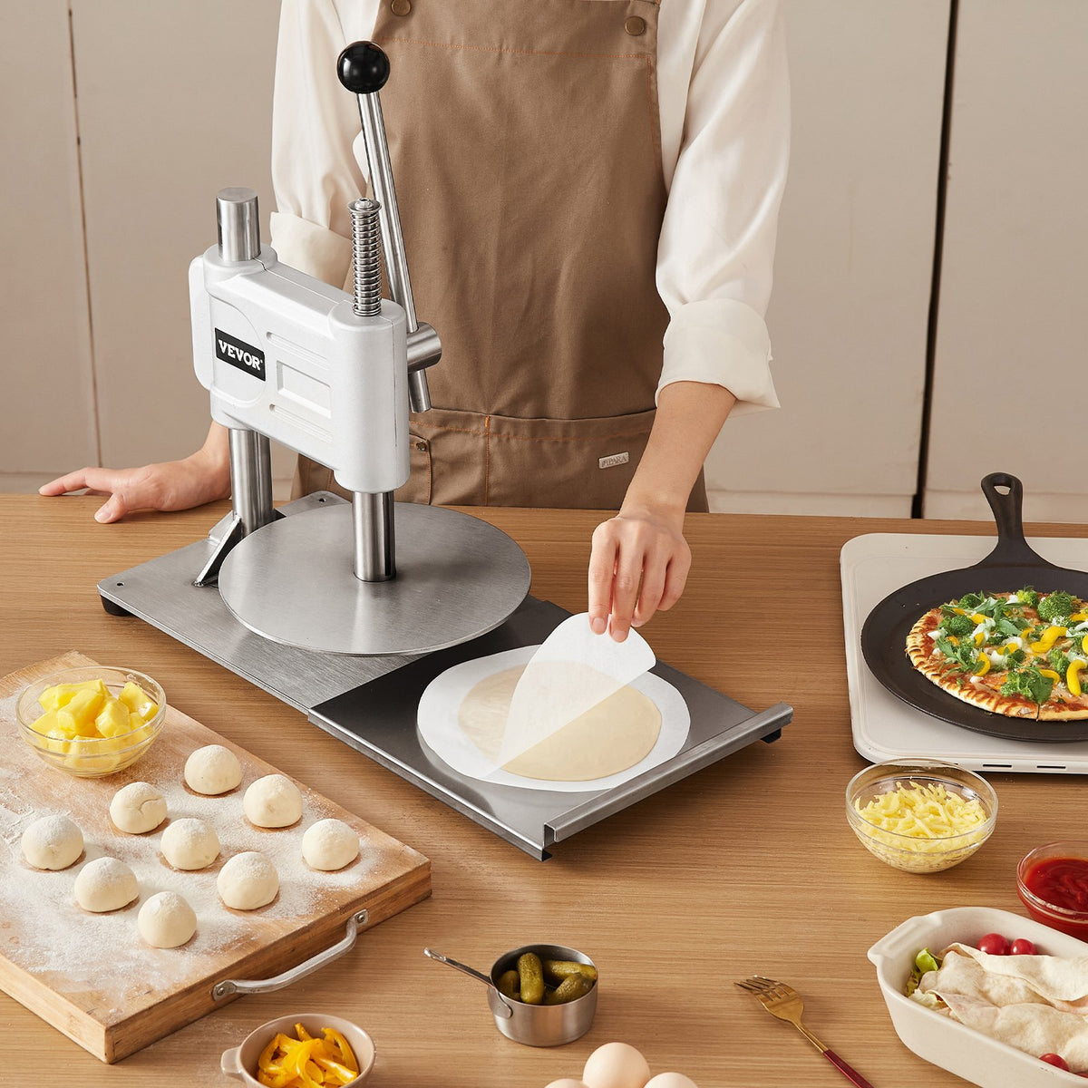 Manual Pizza Dough Press Machine 9.5 Inch Stainless Steel Pastry and Bread Maker
