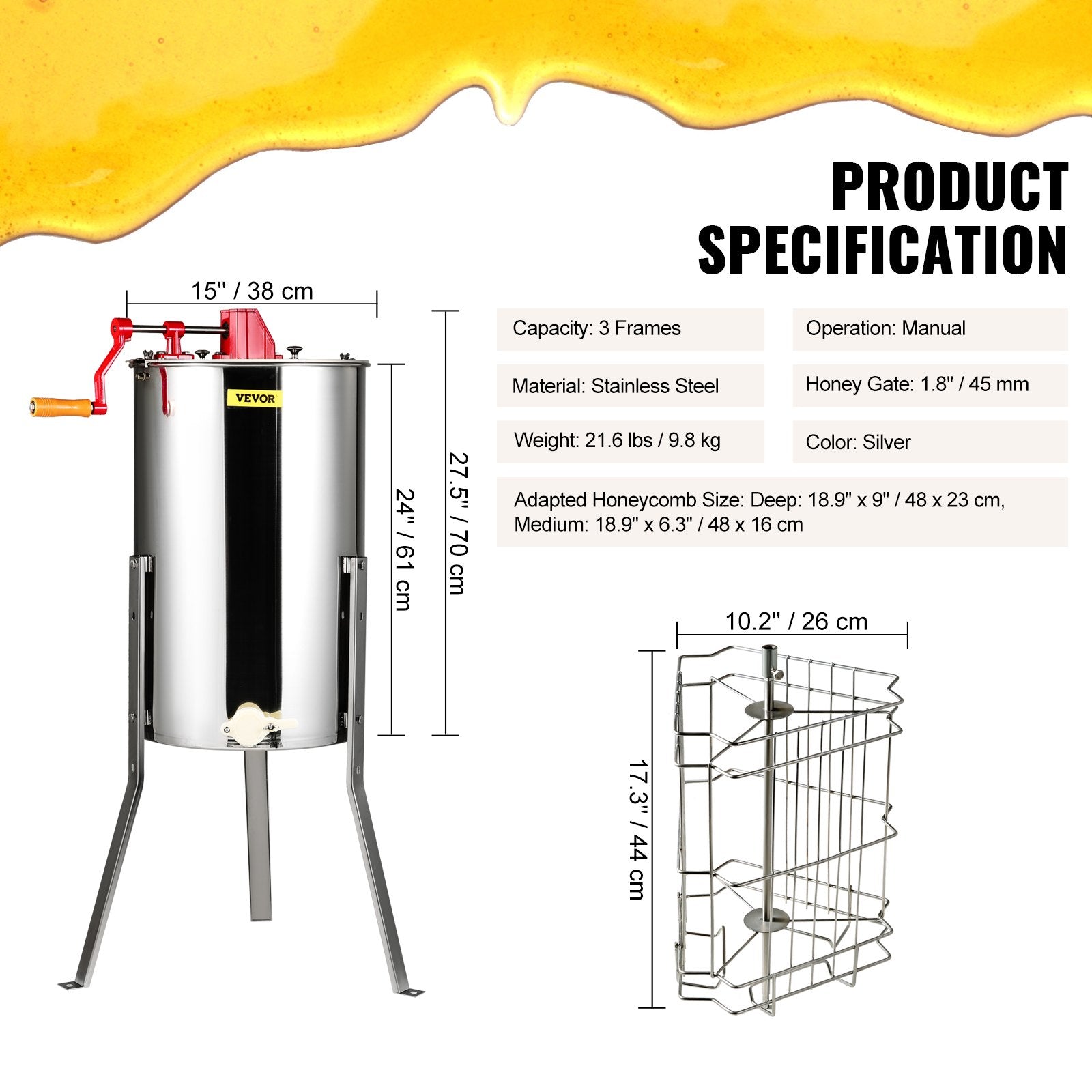 Manual Honey Extractor 3 Frame Stainless Steel Honey Spinner Adjustable Stand