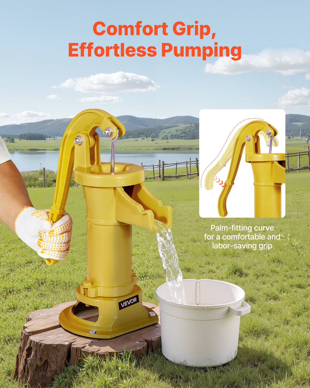 Well Hand Pitcher Pump 25ft Cast Iron Manual Water Pump 1-1/4NPT Garden Yellow