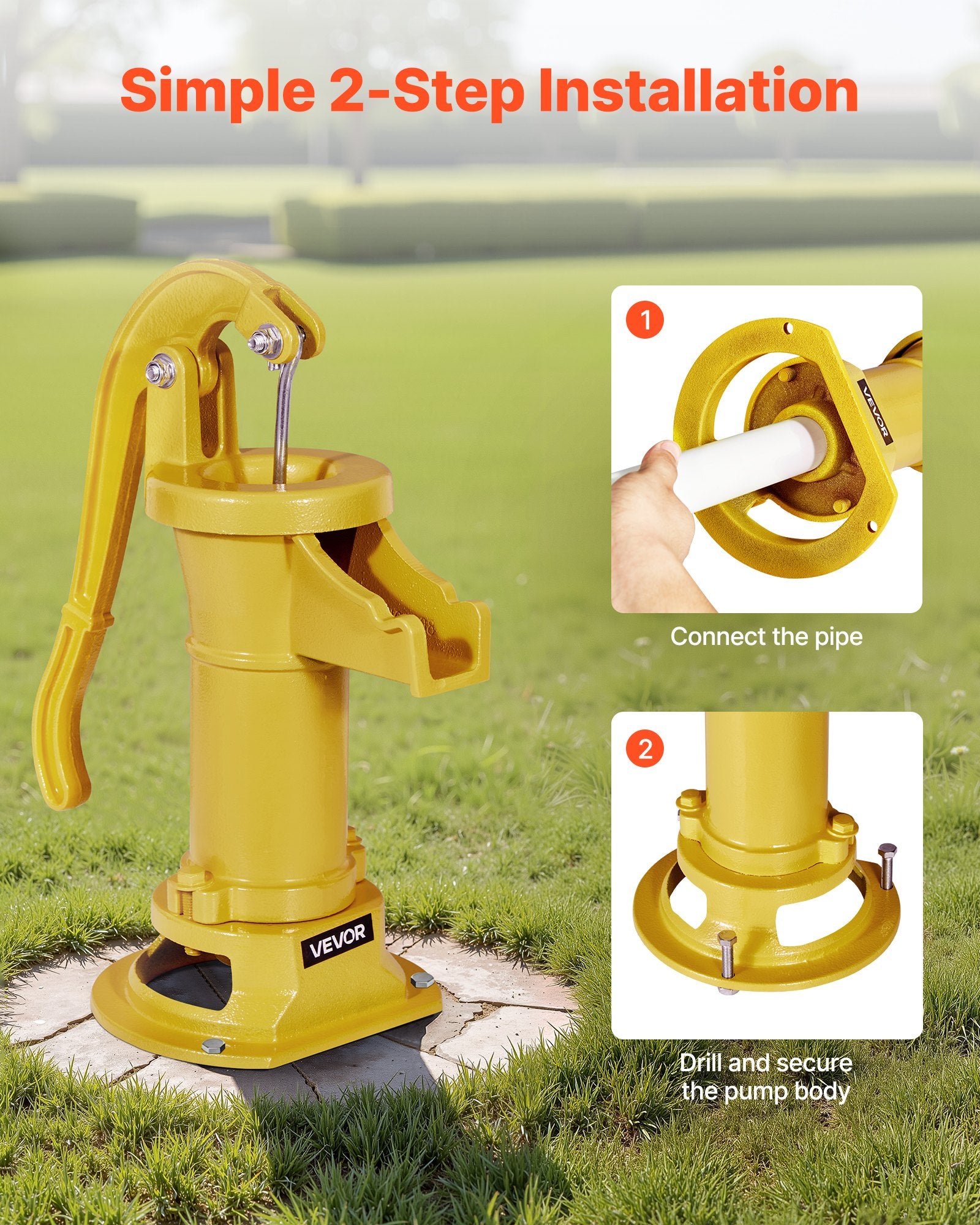 Well Hand Pitcher Pump 25ft Cast Iron Manual Water Pump 1-1/4NPT Garden Yellow
