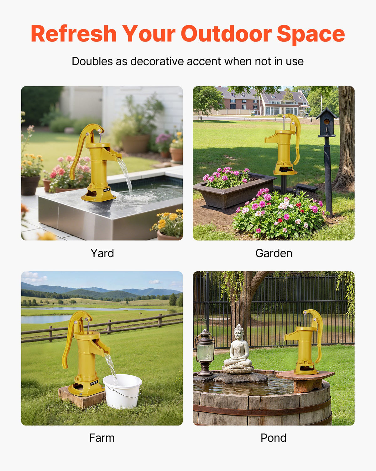 Well Hand Pitcher Pump 25ft Cast Iron Manual Water Pump 1-1/4NPT Garden Yellow