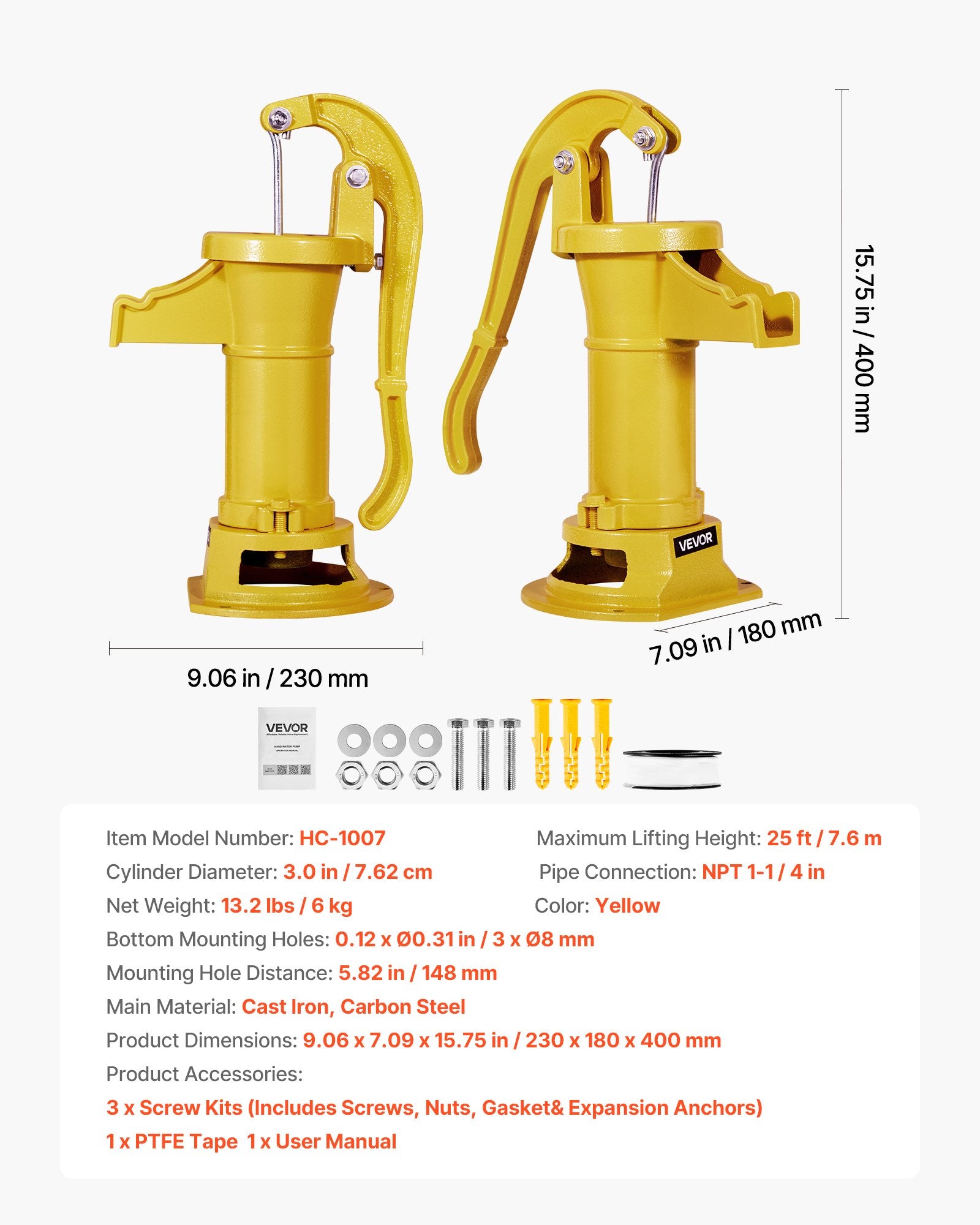 Well Hand Pitcher Pump 25ft Cast Iron Manual Water Pump 1-1/4NPT Garden Yellow