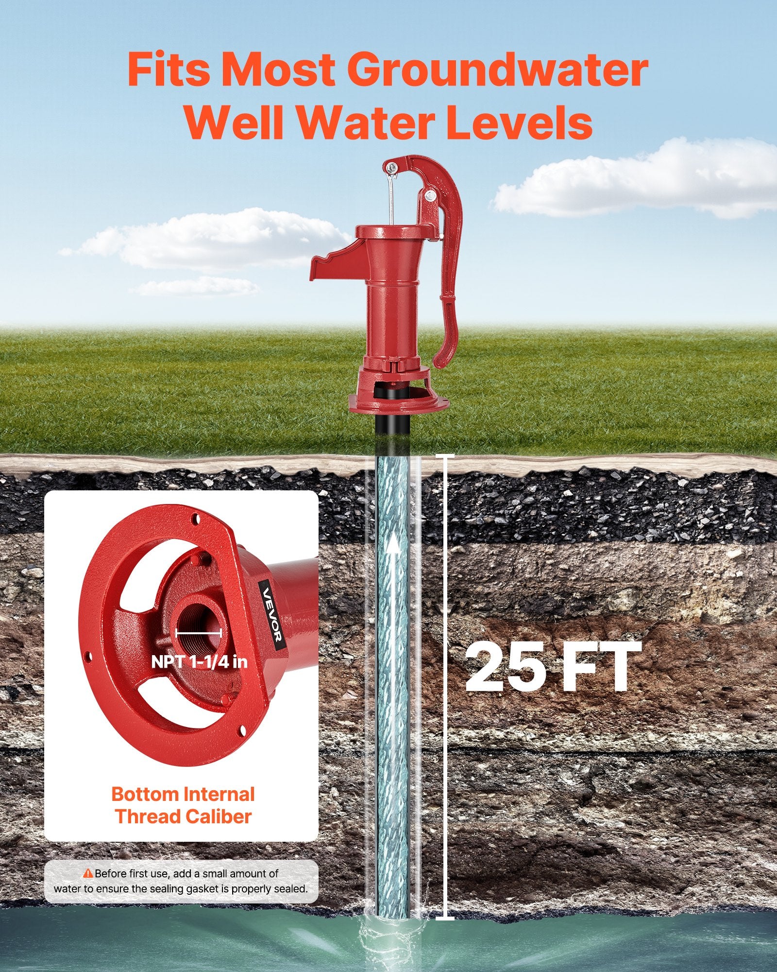 Hand Pitcher Pump Cast Iron 25ft Lift Manual Water Pump 1-1/4in Outdoor Red