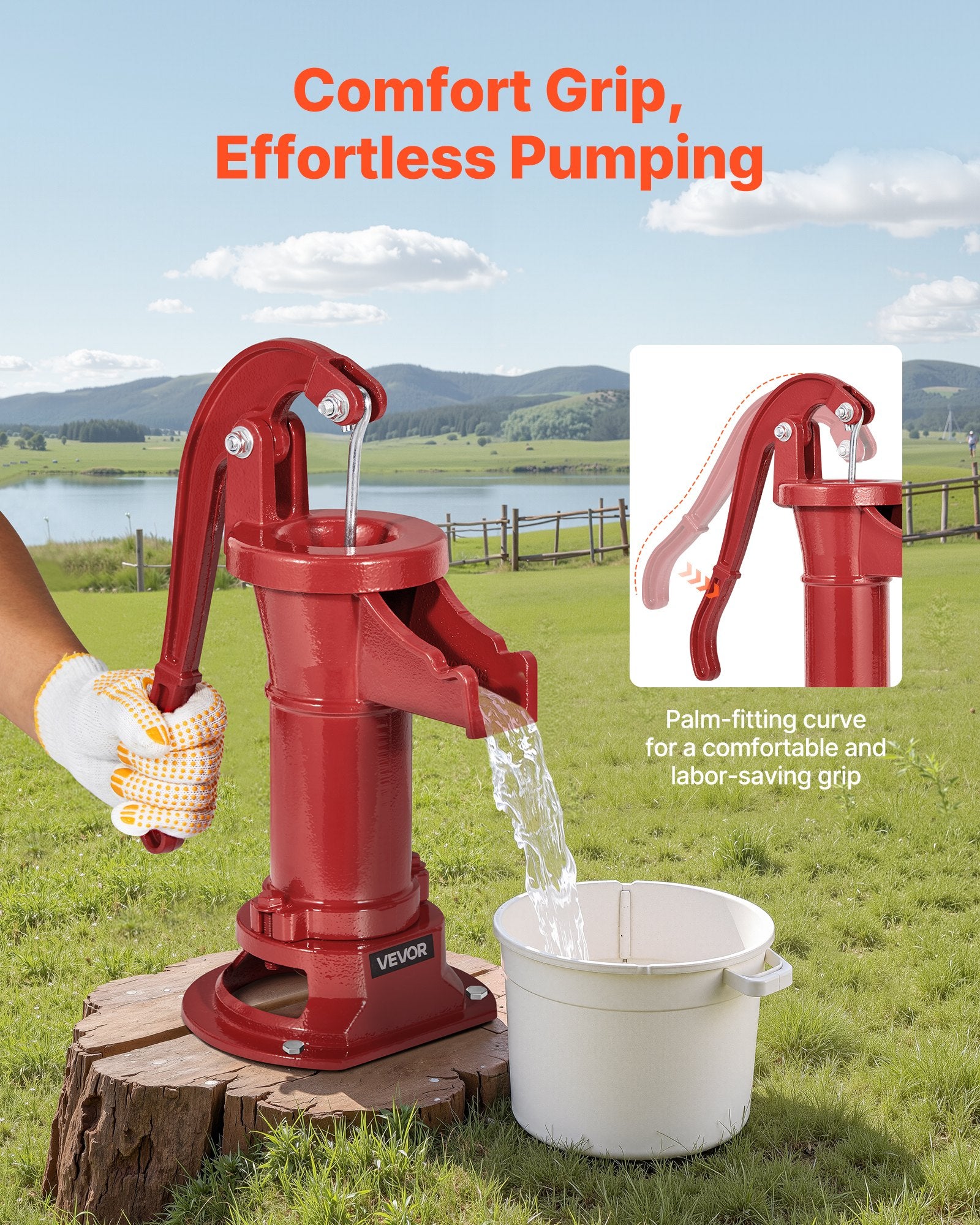 Hand Pitcher Pump Cast Iron 25ft Lift Manual Water Pump 1-1/4in Outdoor Red