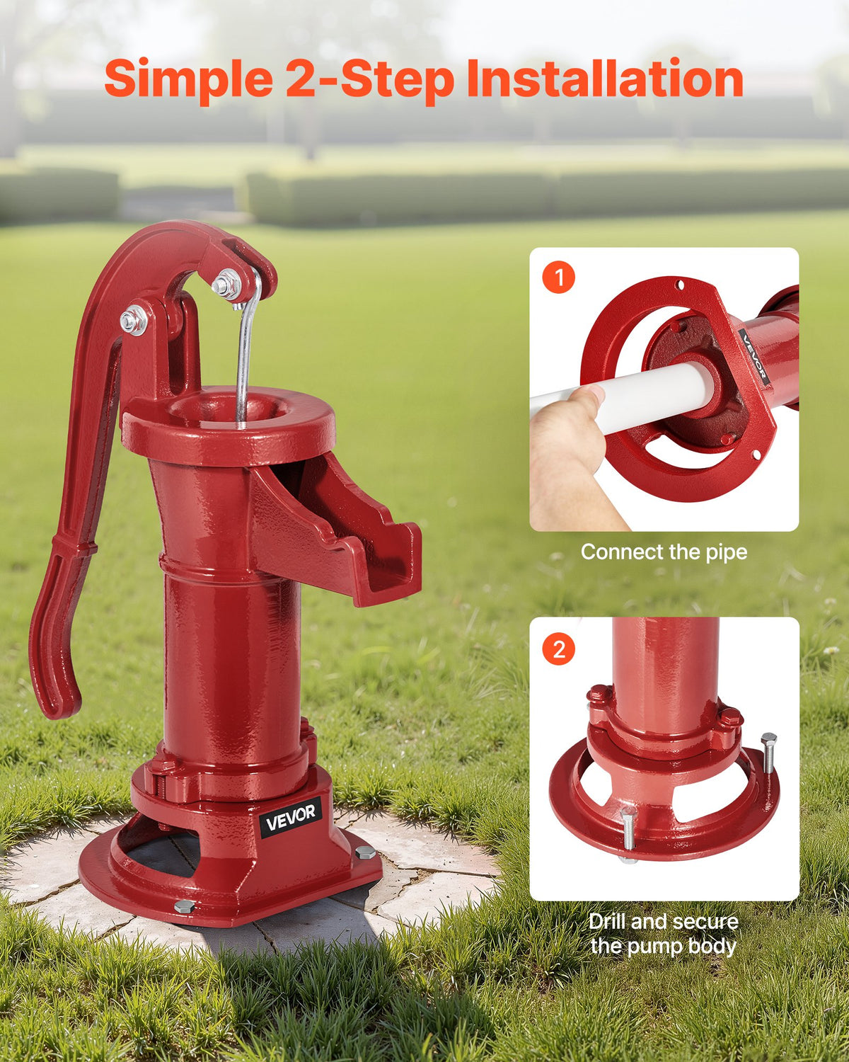 Hand Pitcher Pump Cast Iron 25ft Lift Manual Water Pump 1-1/4in Outdoor Red