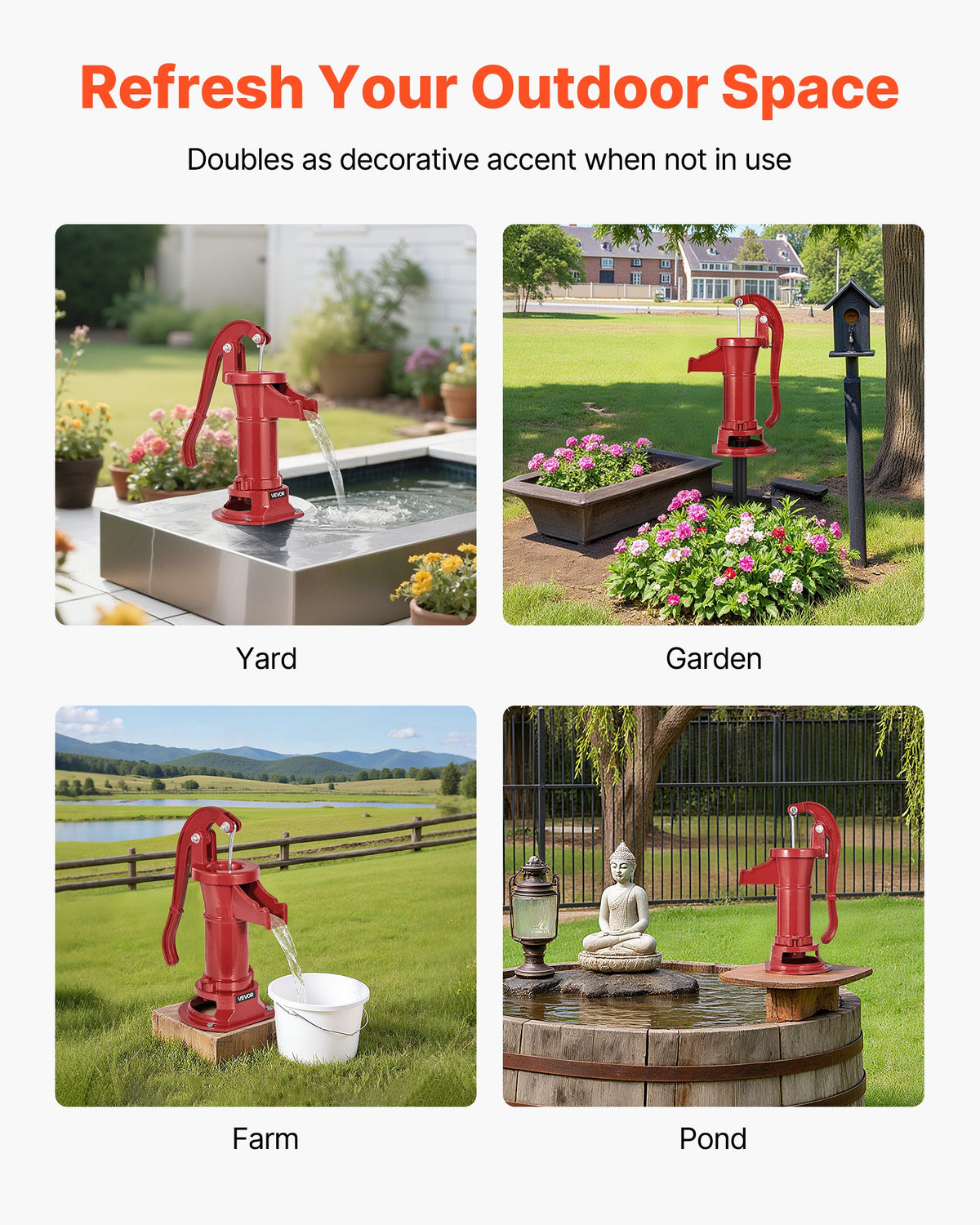 Hand Pitcher Pump Cast Iron 25ft Lift Manual Water Pump 1-1/4in Outdoor Red