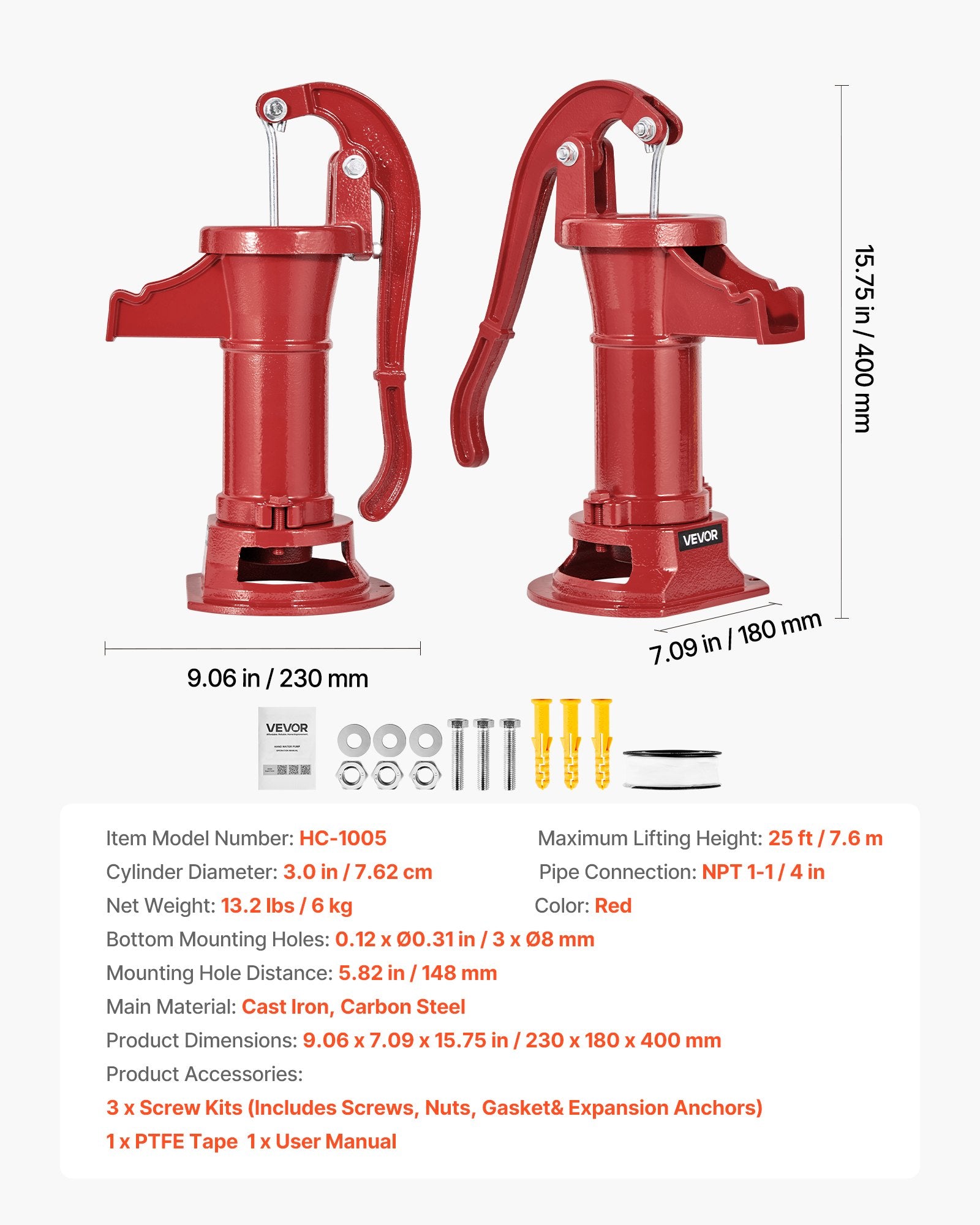 Hand Pitcher Pump Cast Iron 25ft Lift Manual Water Pump 1-1/4in Outdoor Red