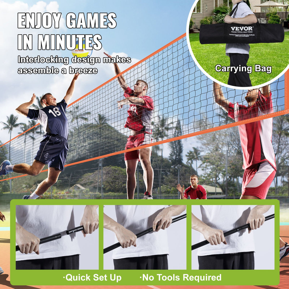 4-Way Volleyball Net Adjustable Height Portable Outdoor Net with Carry Bag