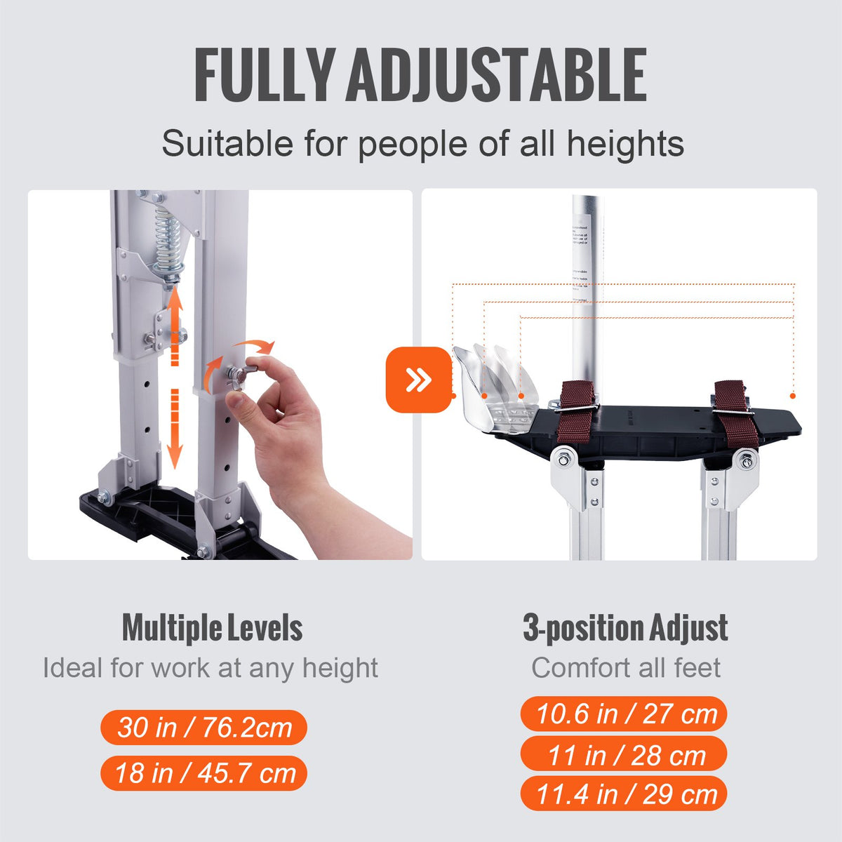 Adjustable Aluminum Drywall Stilts 45.7-76.2 cm with Knee Pads Silver