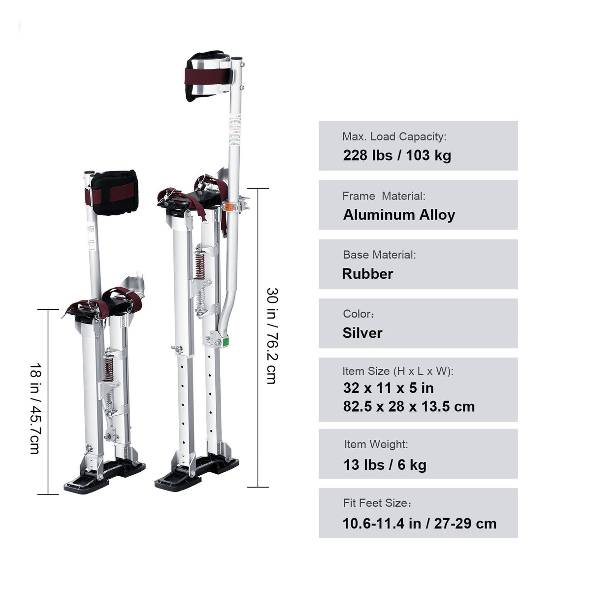 Adjustable Aluminum Drywall Stilts 45.7-76.2 cm with Knee Pads Silver