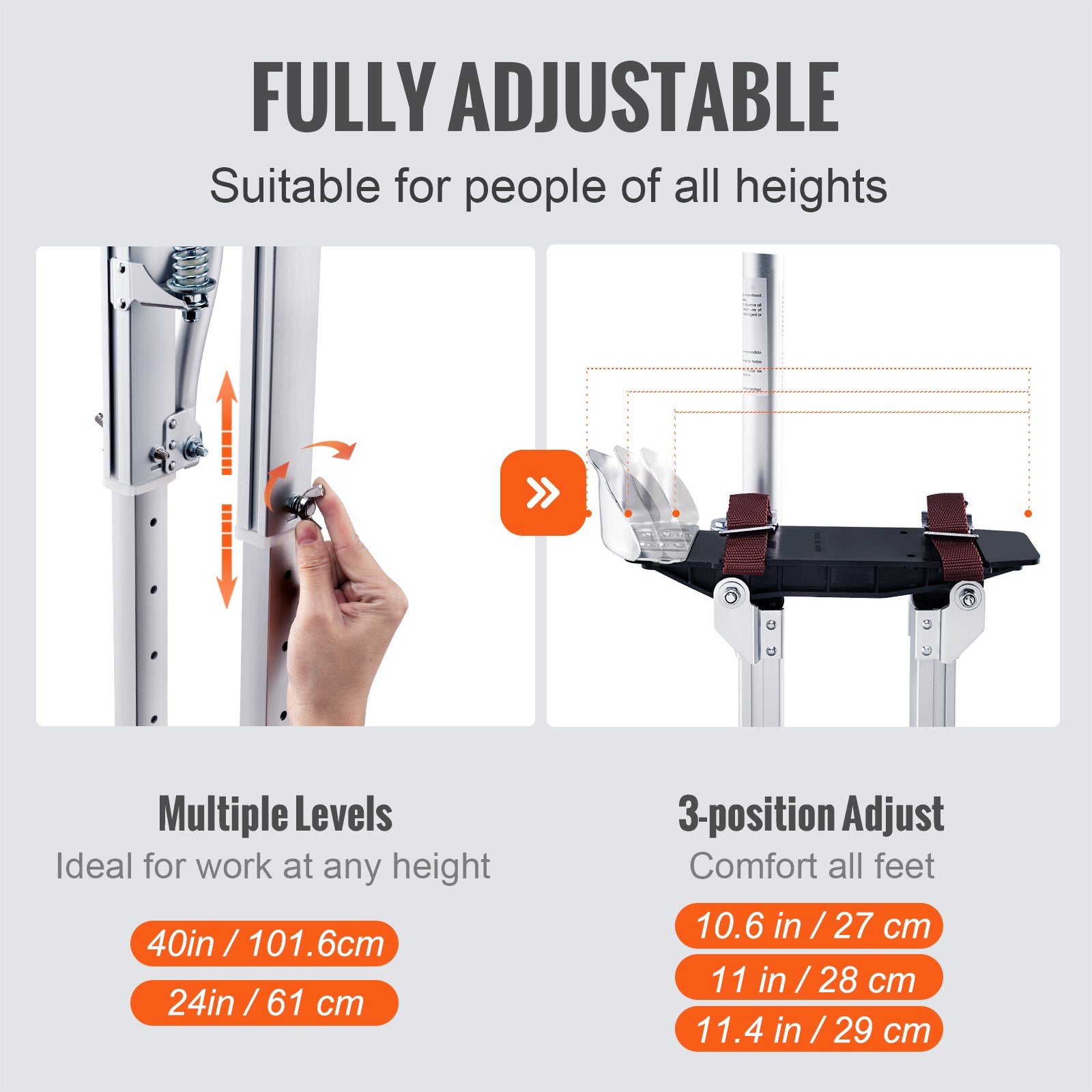 Adjustable Aluminum Drywall Stilts 24-40 inch with Knee Pads Silver