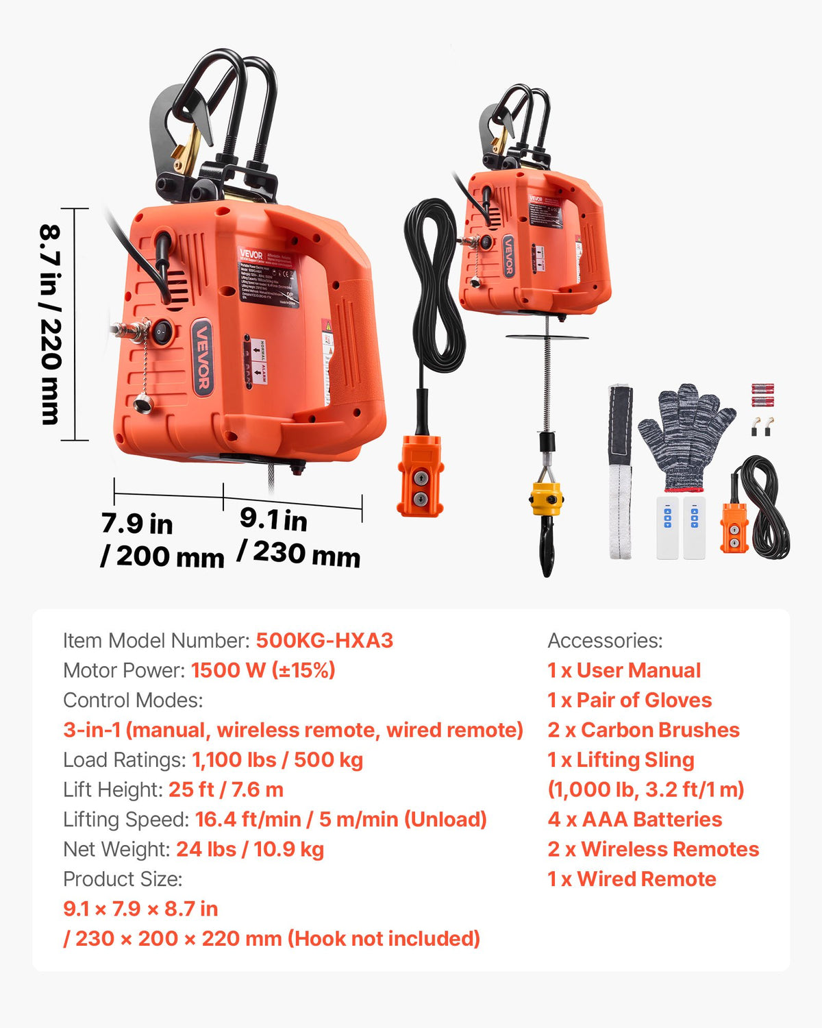 3-in-1 Electric Hoist Winch 500kg 1500W Portable Crane Wired & Wireless Remote