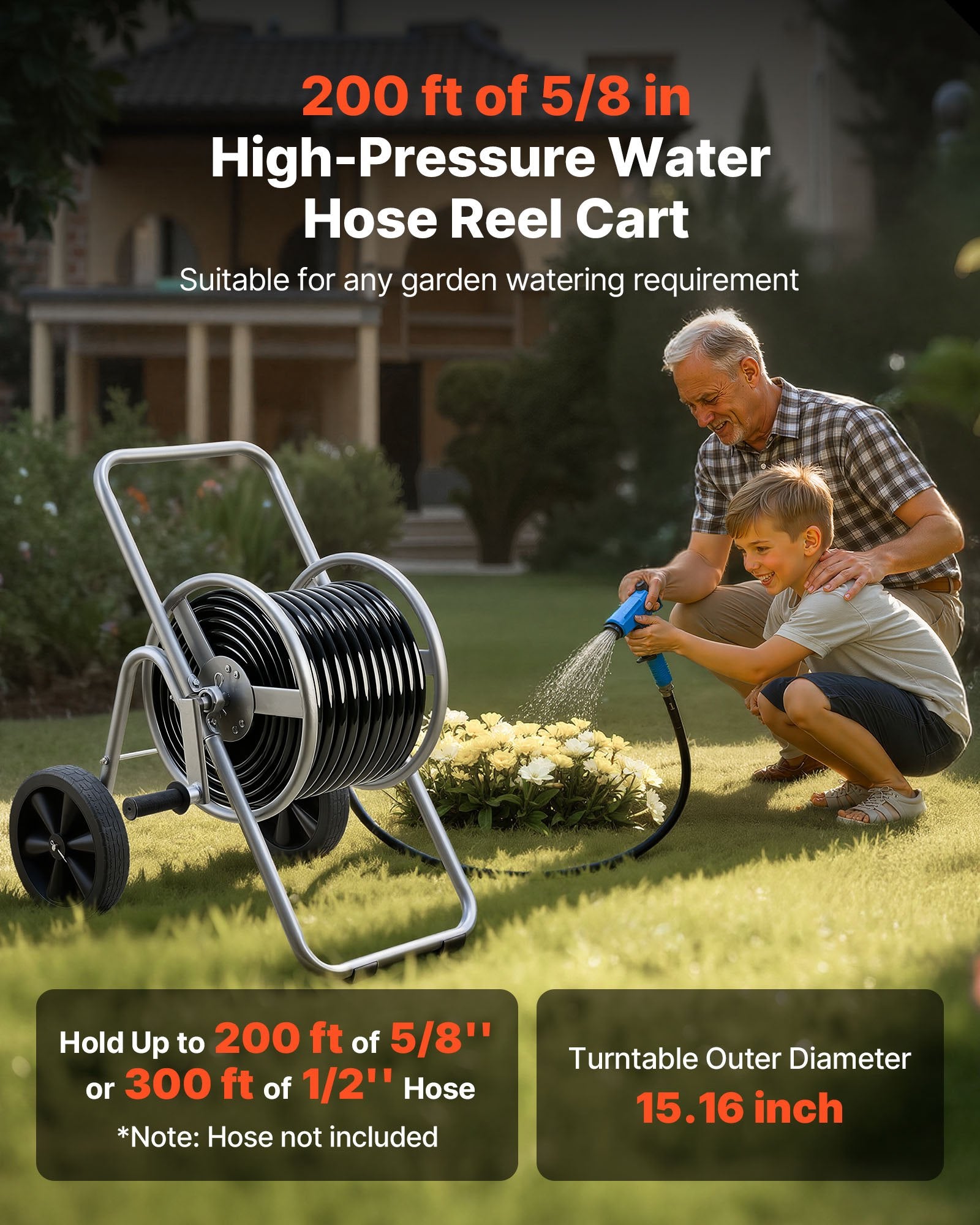 Water Hose Reel Cart HP Garden Hose 6096/9144 cm Two Wheels Handle Car Pet Wash
