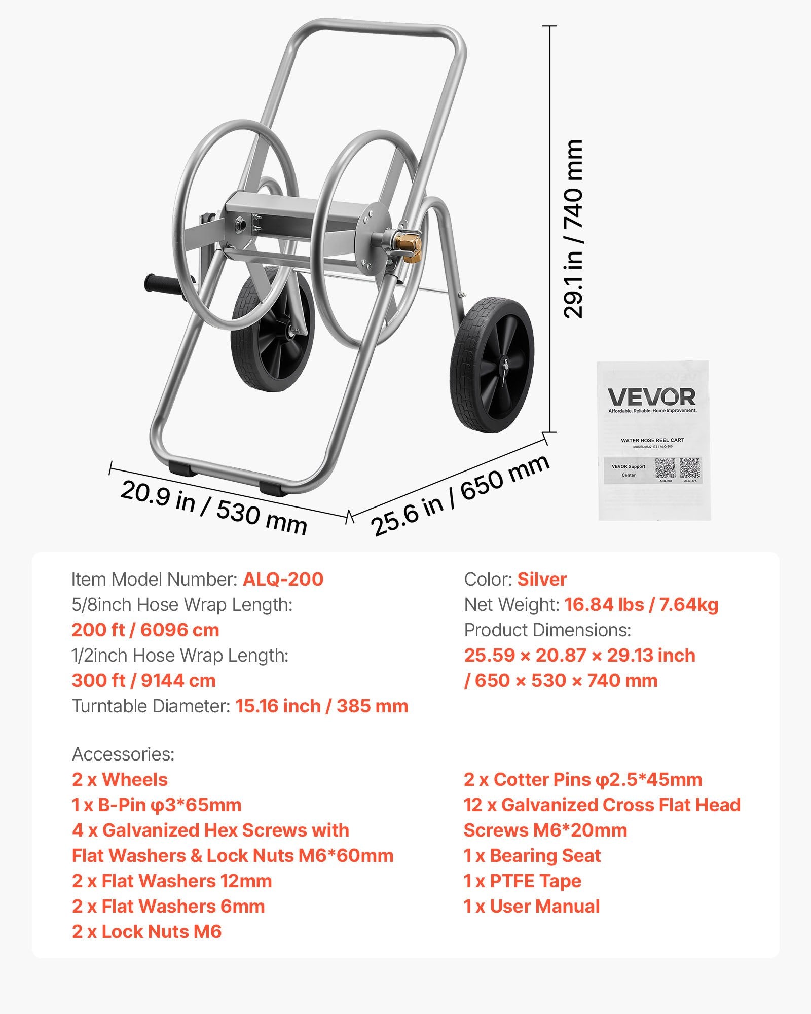 Water Hose Reel Cart HP Garden Hose 6096/9144 cm Two Wheels Handle Car Pet Wash