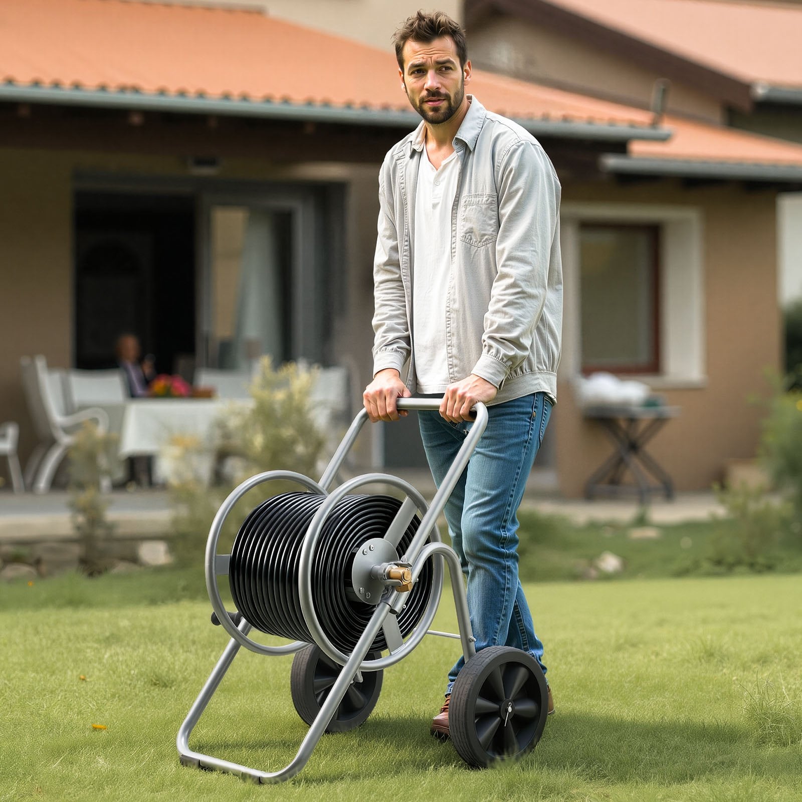 Water Hose Reel Cart HP Garden Hose 6096/9144 cm Two Wheels Handle Car Pet Wash