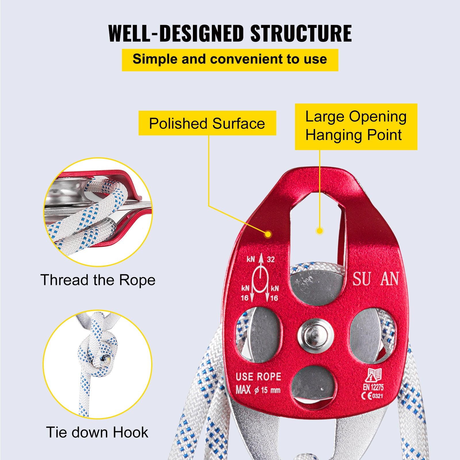 Twin Sheave Block and Tackle 1/2" x 200' Double Pulley with Rope 30–35KN
