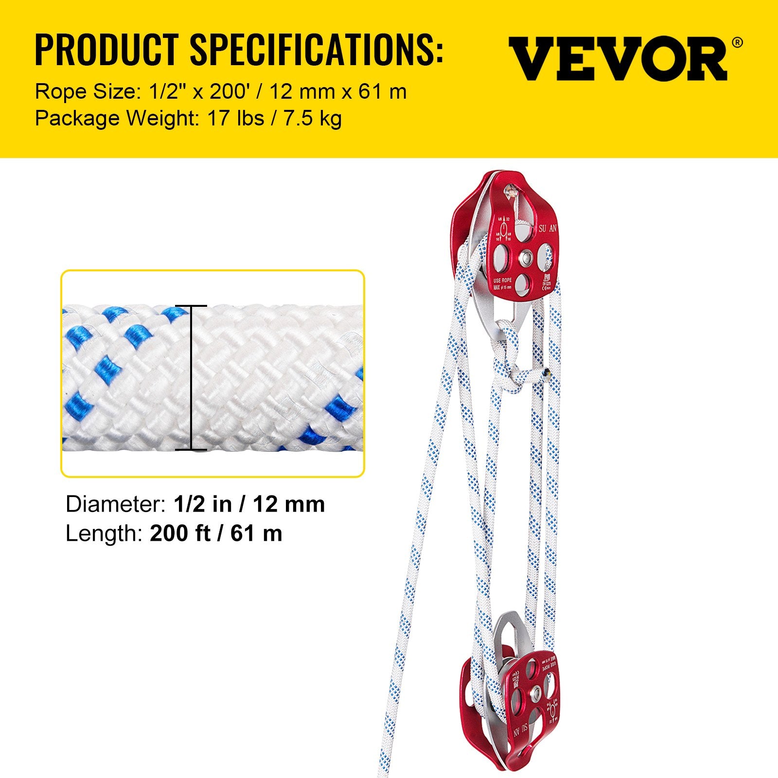 Twin Sheave Block and Tackle 1/2" x 200' Double Pulley with Rope 30–35KN