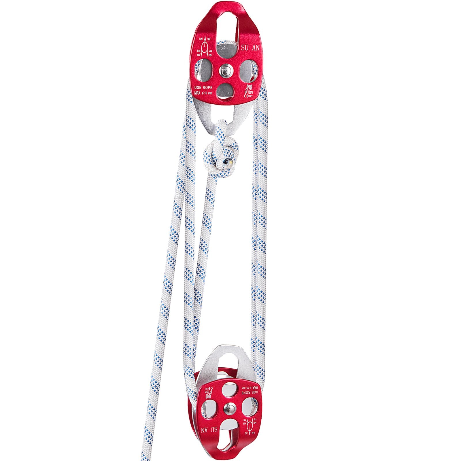 Twin Sheave Block and Tackle 1/2" x 200' Double Pulley with Rope 30–35KN