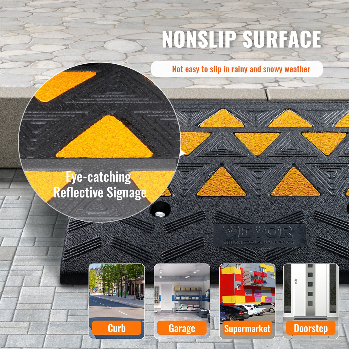 Rubber Curb Ramp 15.2cm Rise 37x49.1cm Heavy-Duty 15T Driveway Ramp for Vehicles