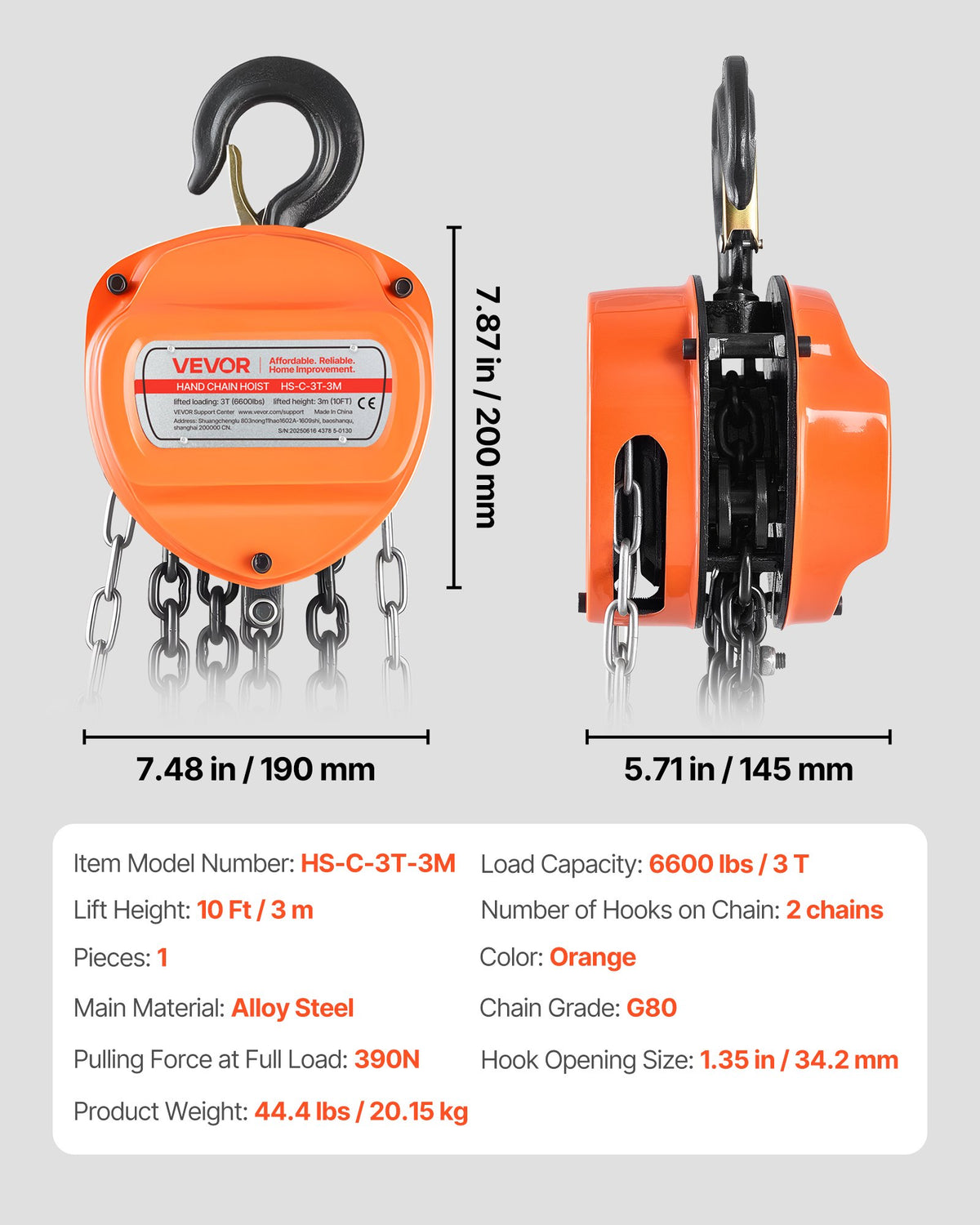 Hand Chain Hoist 3 Ton Manual G80 Chain Block 3m Lift Heavy-Duty Pulley