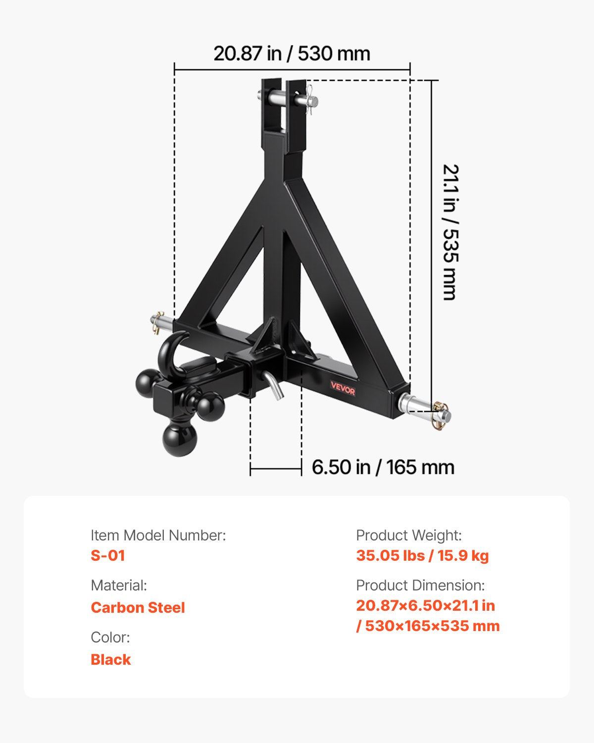 3 Point Trailer Hitch with 2 in Receiver and 3 Trailer Balls