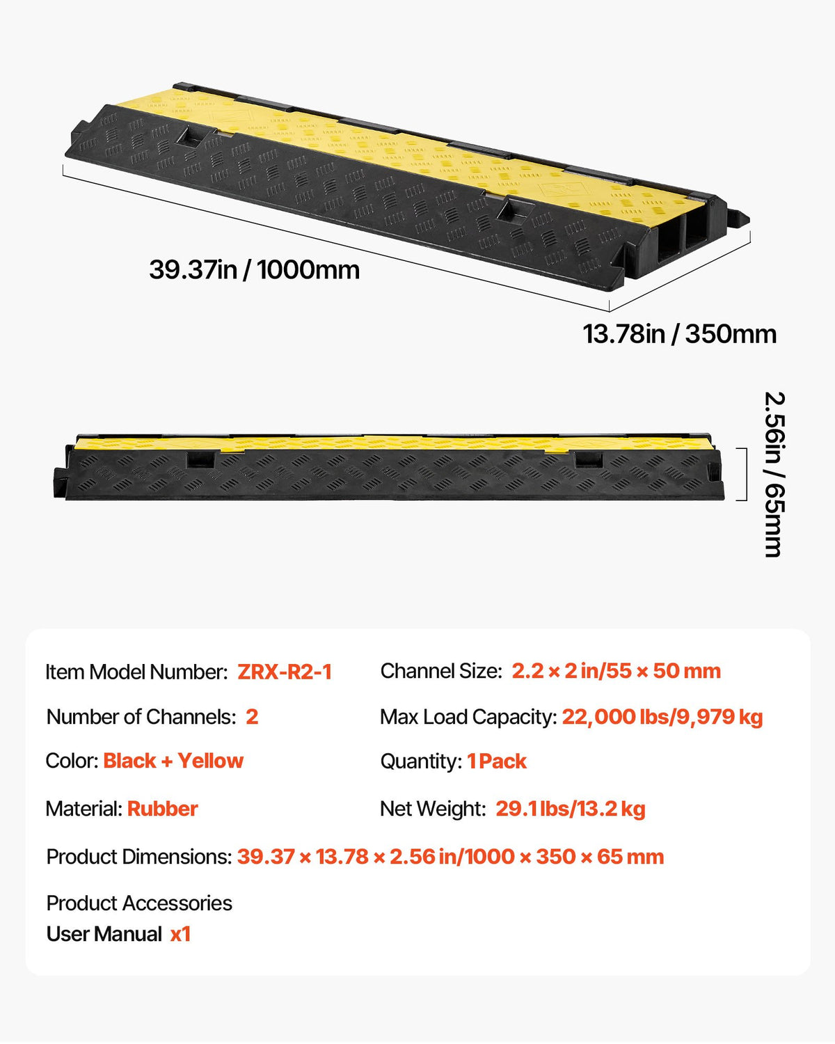 Cable Protector Ramp 9,979kg 2-Channel Heavy Duty Rubber Wire Cover 1 Pack