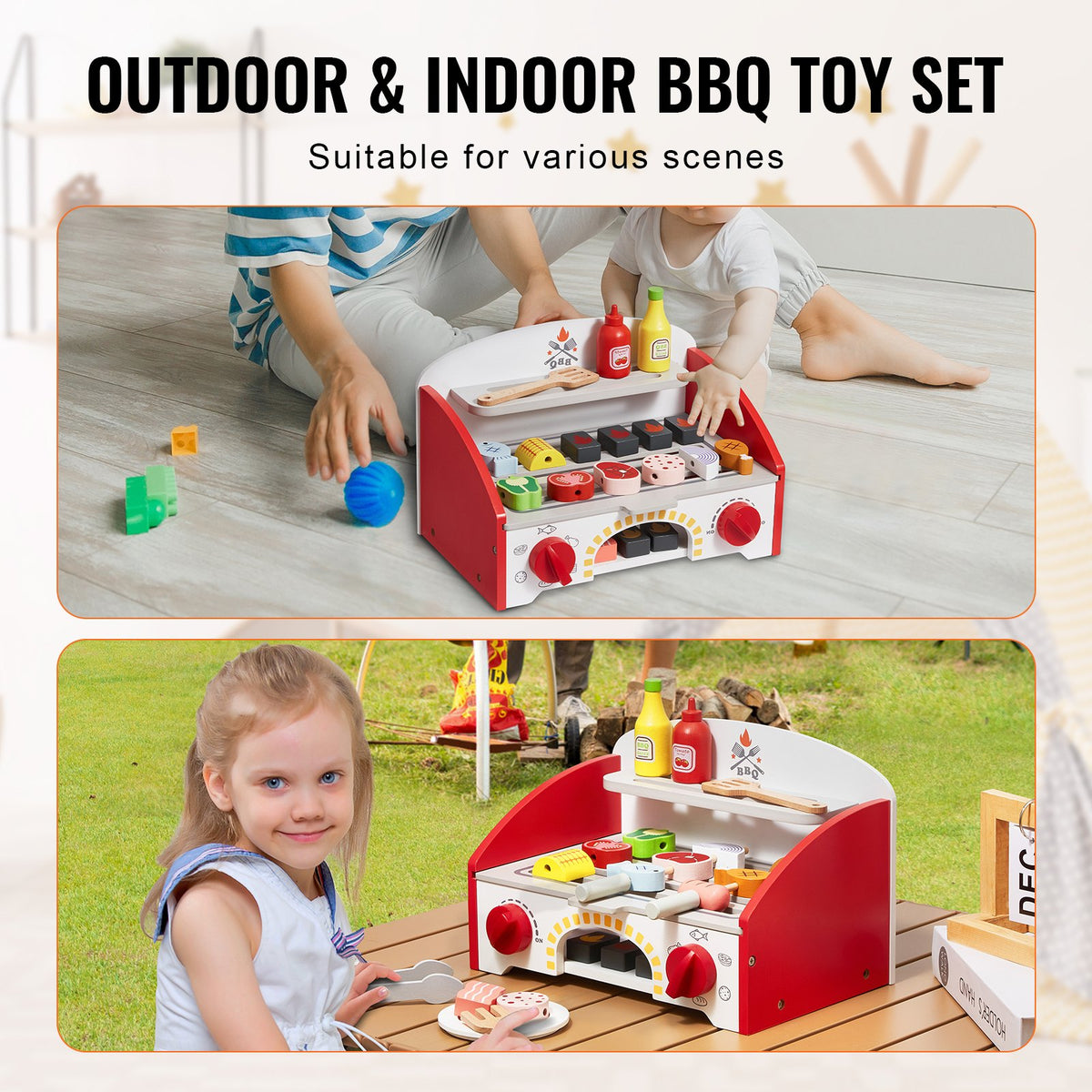 Kids BBQ Grill Playset Wooden 26PCS Realistic Carbon Fire Indoor Outdoor Toy
