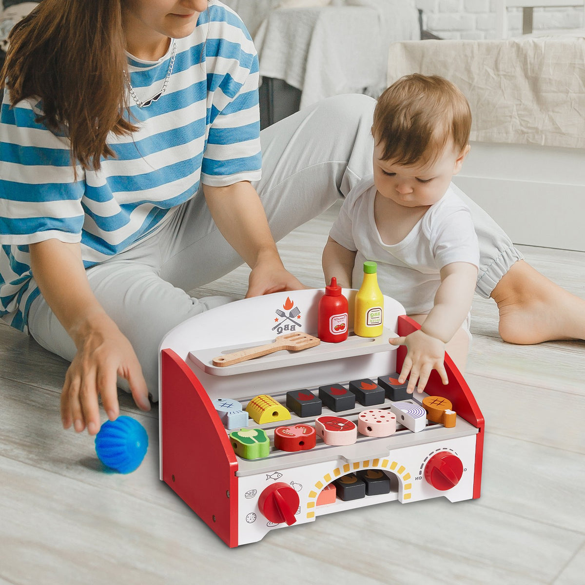 Kids BBQ Grill Playset Wooden 26PCS Realistic Carbon Fire Indoor Outdoor Toy