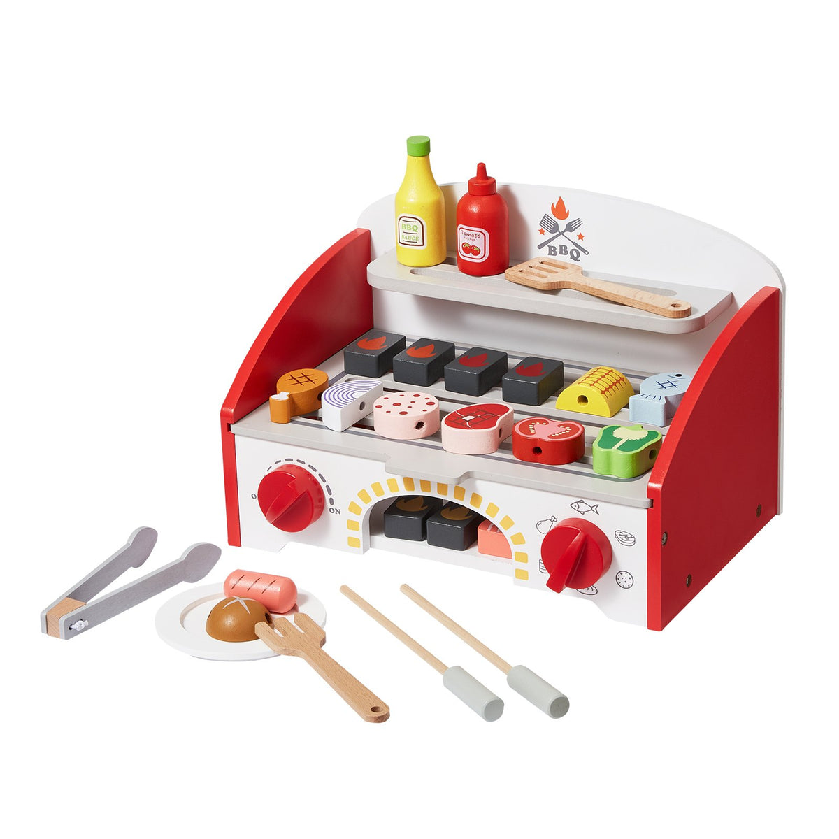 Kids BBQ Grill Playset Wooden 26PCS Realistic Carbon Fire Indoor Outdoor Toy