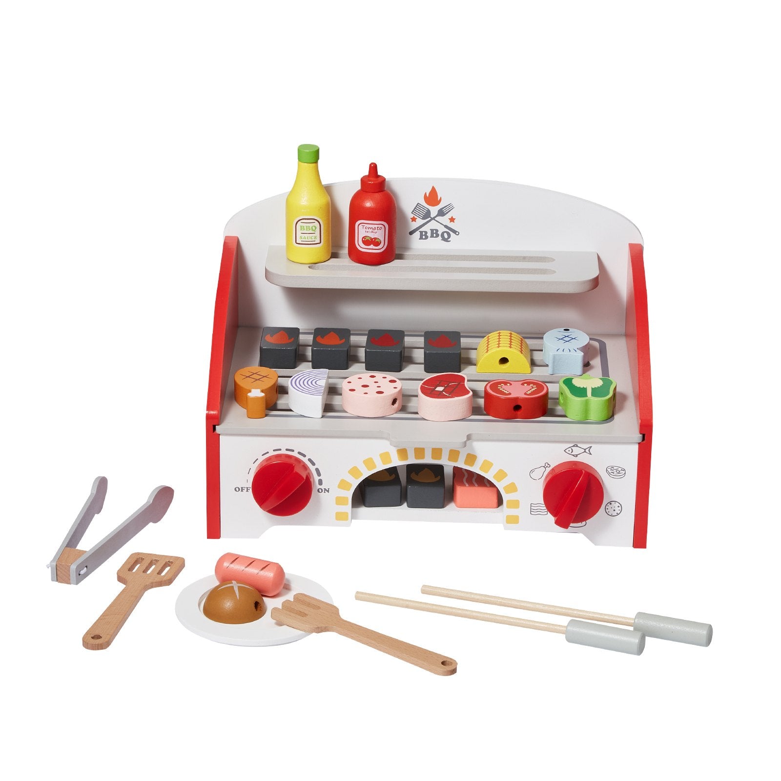 Kids BBQ Grill Playset Wooden 26PCS Realistic Carbon Fire Indoor Outdoor Toy
