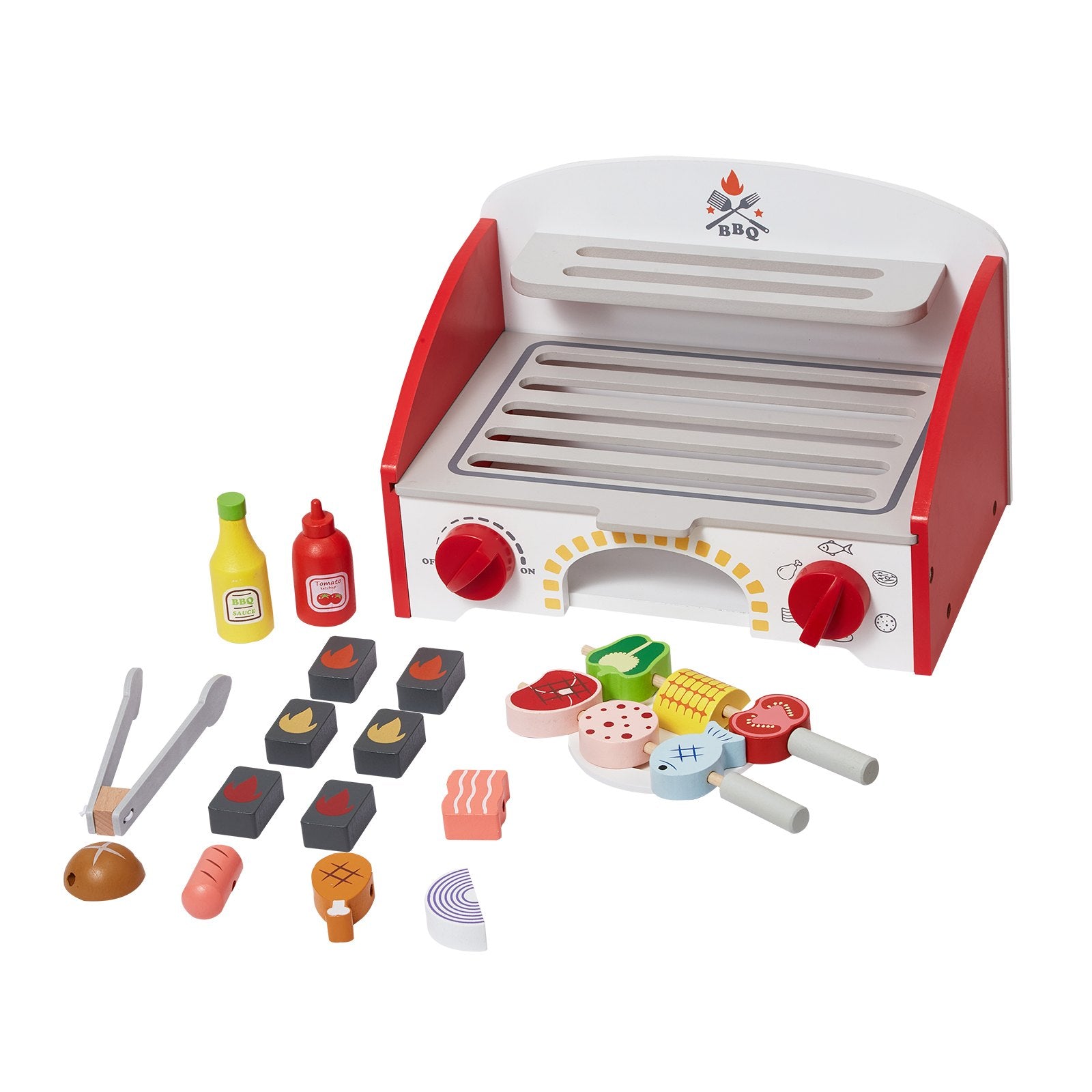 Kids BBQ Grill Playset Wooden 26PCS Realistic Carbon Fire Indoor Outdoor Toy