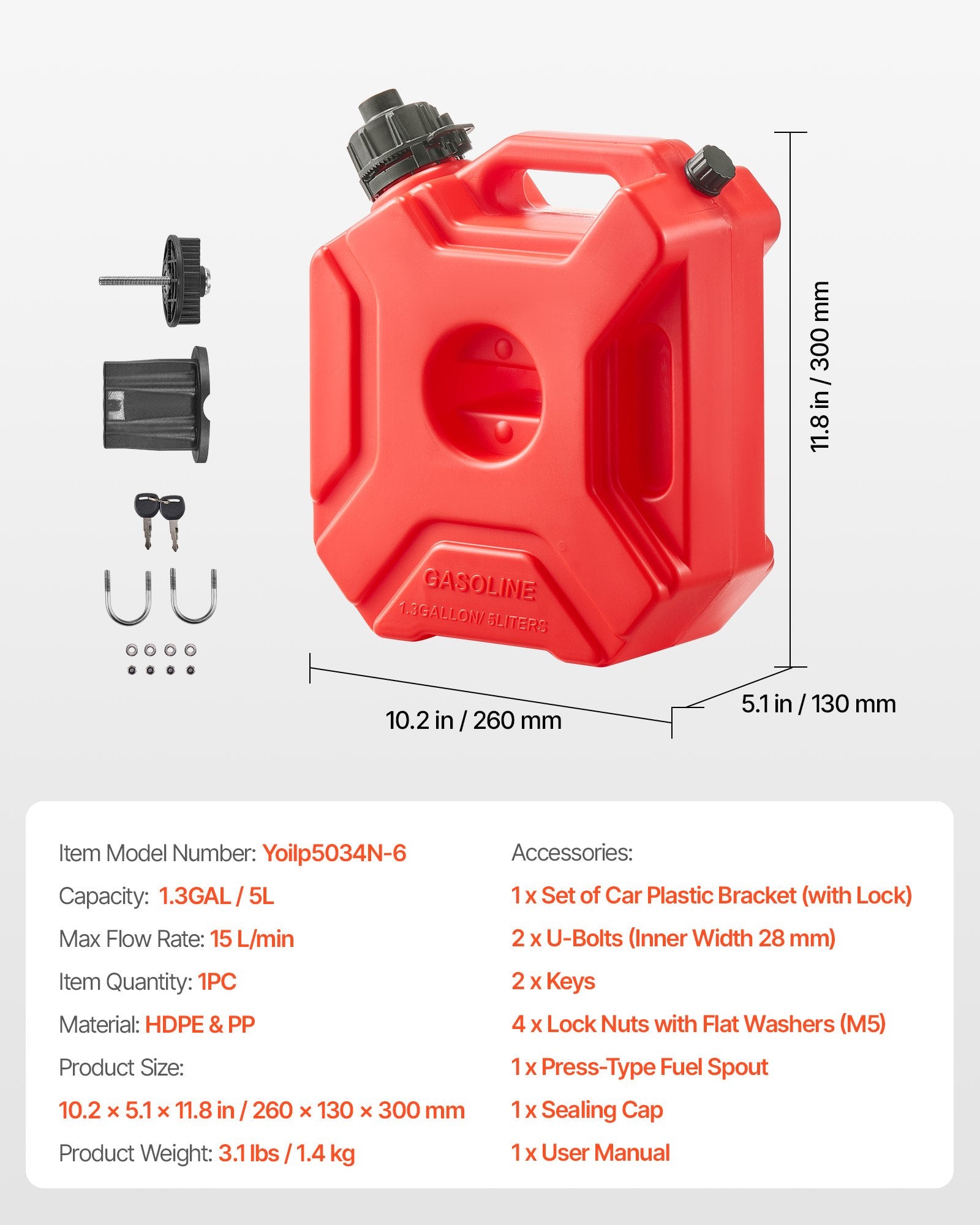 Fuel Container 5L Gas Can with Spout Lockable Bracket 15L/min Leak-Proof Red