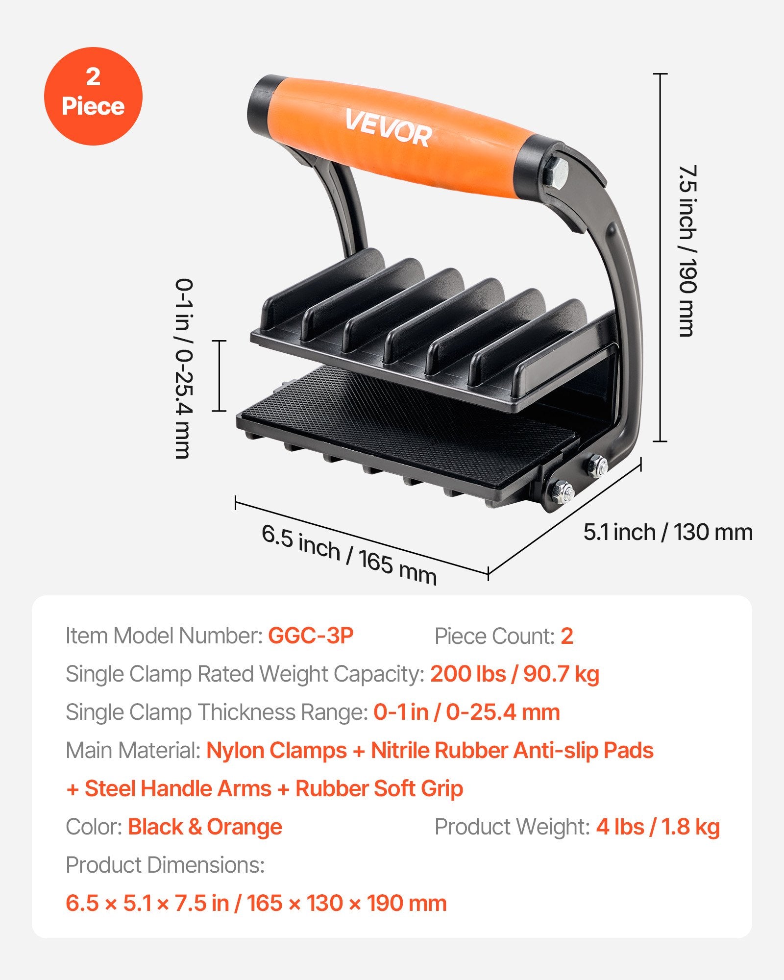 Plywood Carrier 90.7kg, 2 Pack Adjustable Drywall Tool, Non-Slip Grips, 0–25.4mm