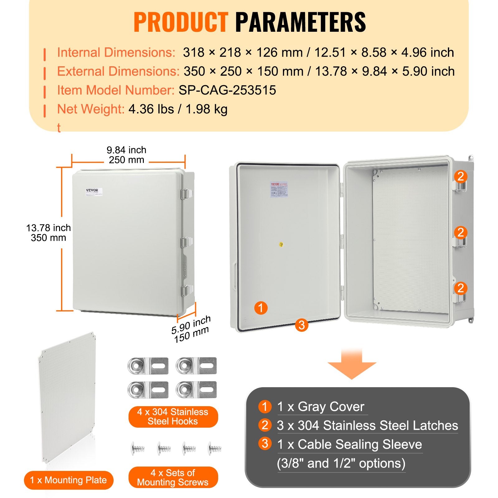 Junction Box Outdoor 350x250x150mm ABS Hinged Cover IP67 Waterproof