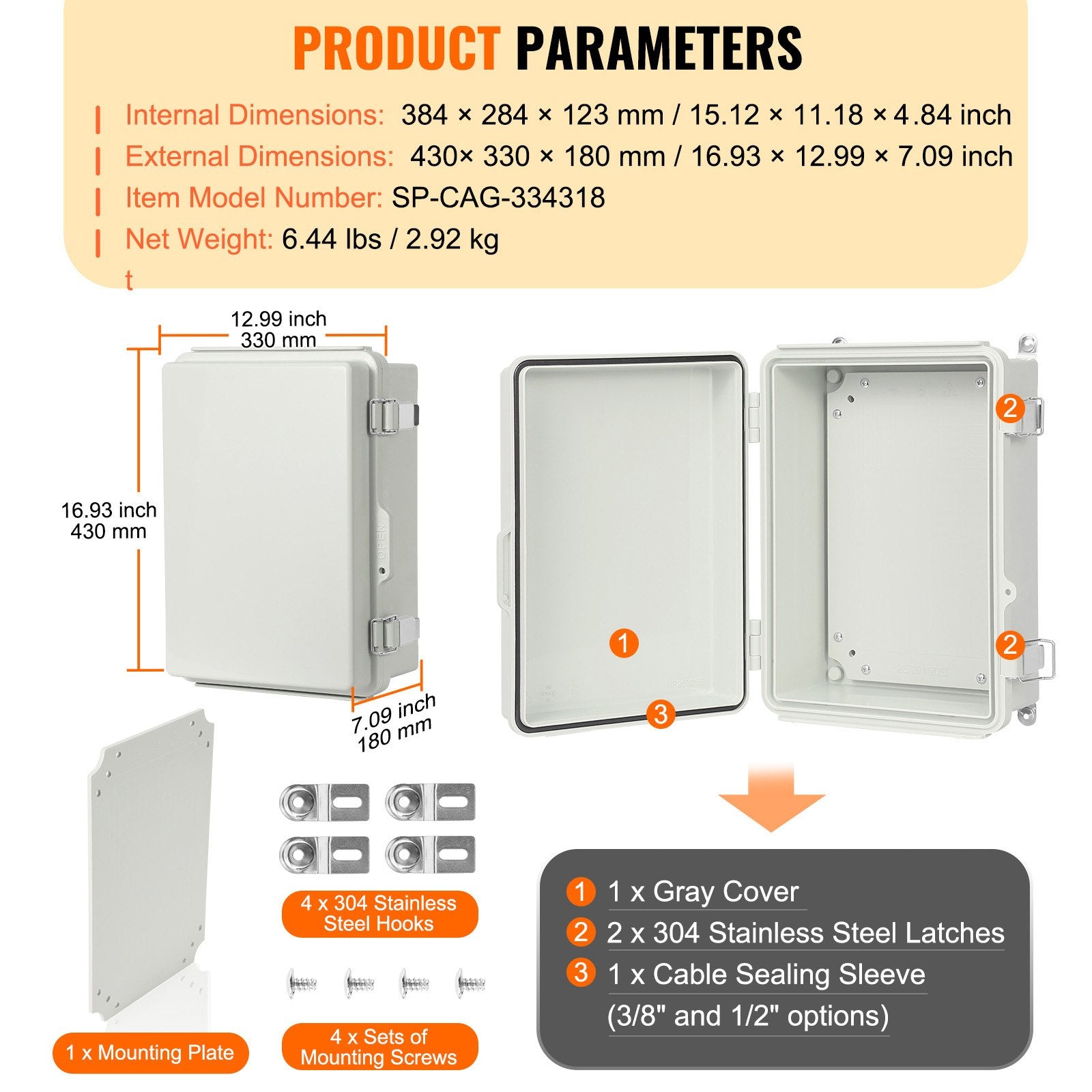 Junction Box Outdoor 430x330x180mm ABS Hinged Cover IP67 Waterproof