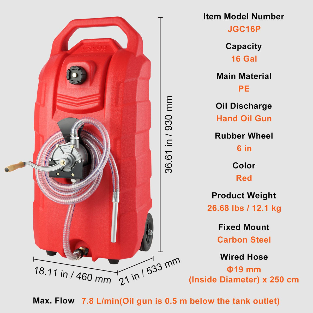 Fuel Caddy Portable Gas Storage Tank Hand Pump Rubber Wheels 60.57L 7.8L/min