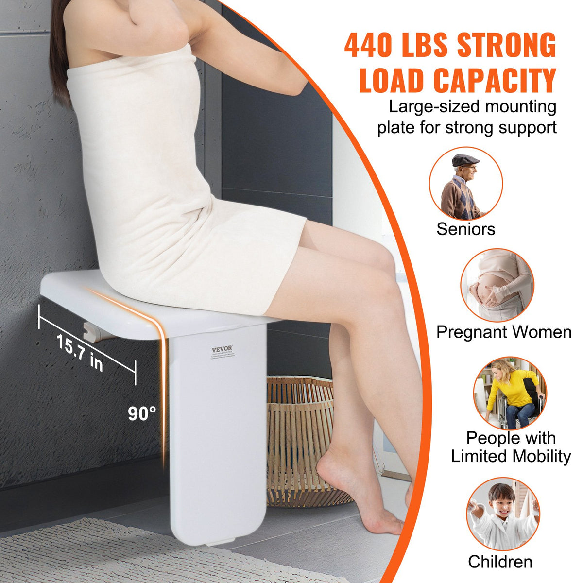 Folding ABS Shower Seat Wall Mounted Fold Up Shower Bench 440 lbs Capacity