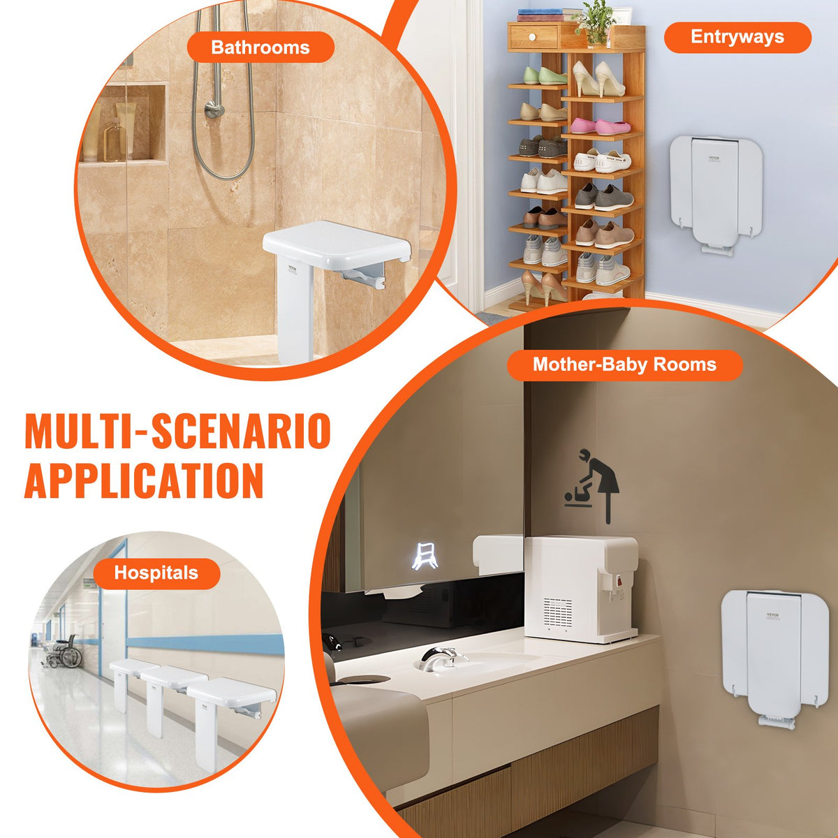 Folding ABS Shower Seat Wall Mounted Fold Up Shower Bench 440 lbs Capacity
